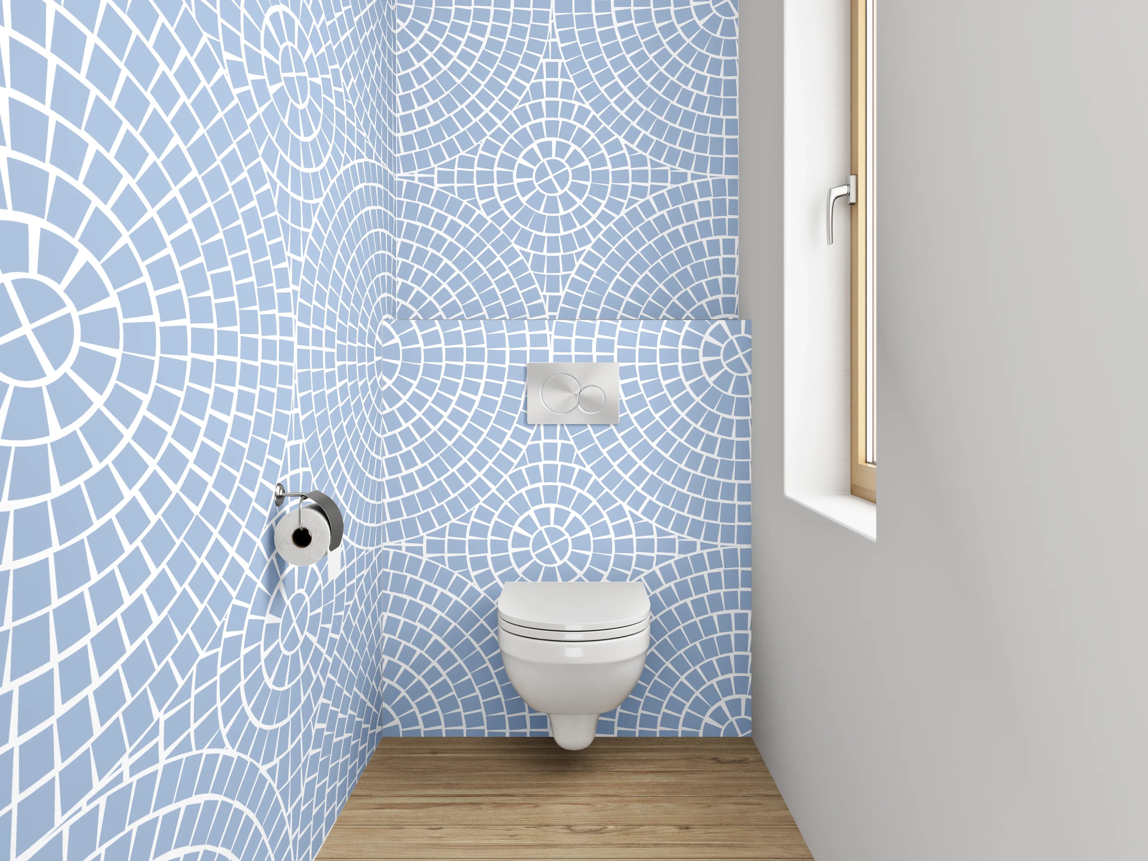 WC-Rückwand - Blau-Graues Kreisornament mit Weiß