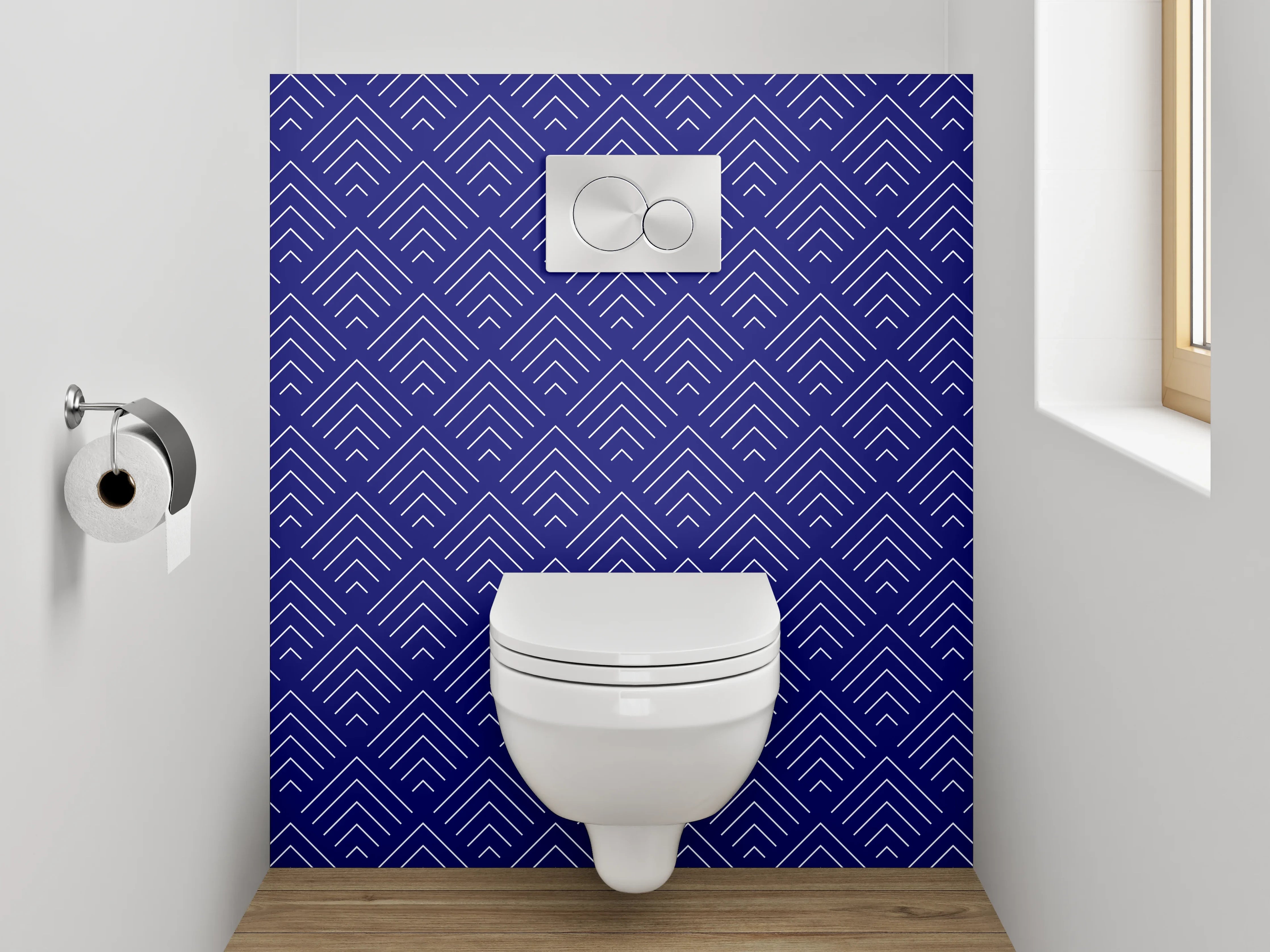 WC-Rückwand - Blau-Graues Linienmosaik auf Weiß