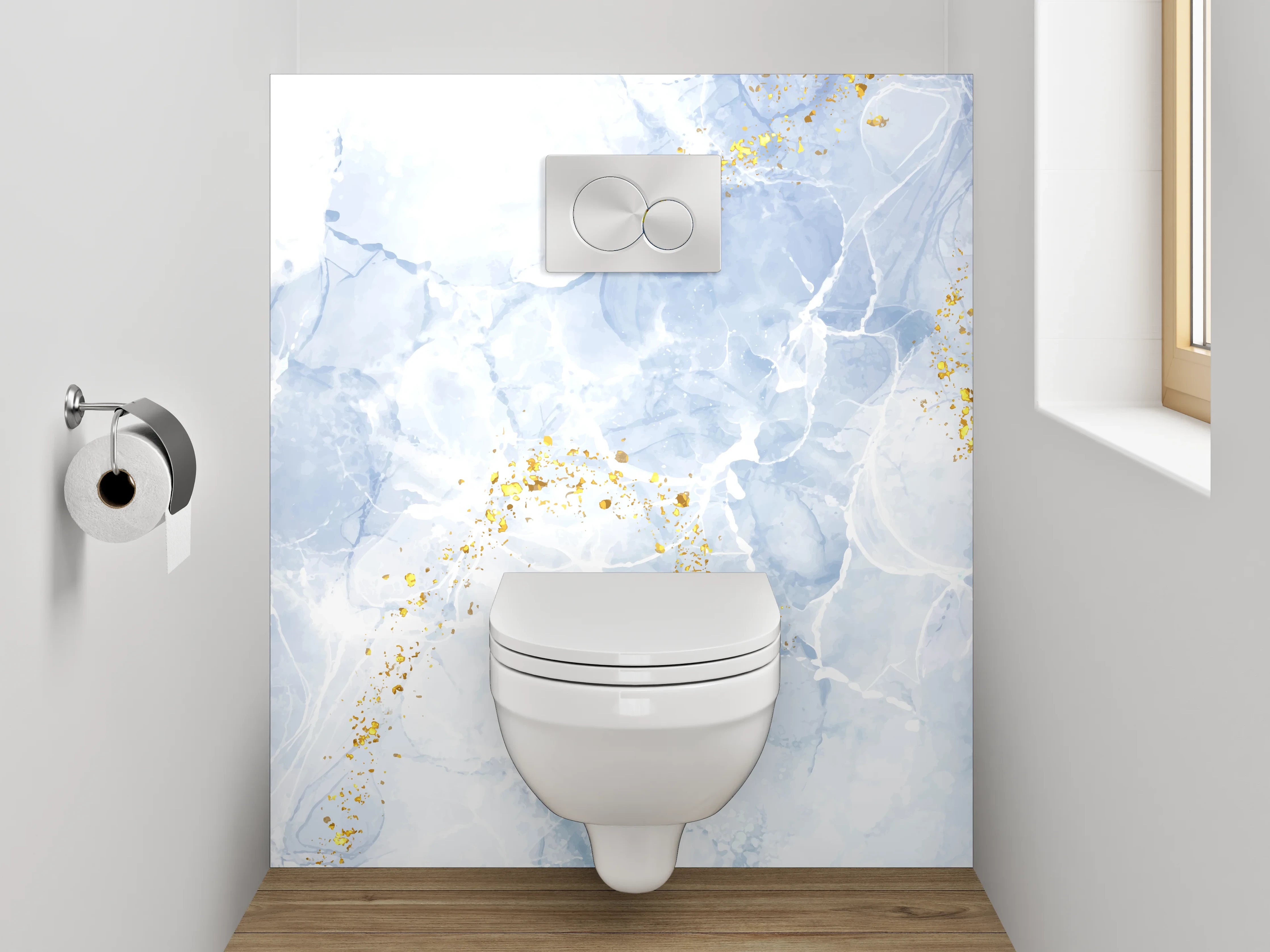 WC-Rückwand - Blau-Weiße Wasserfarbentechnik mit Goldakzenten