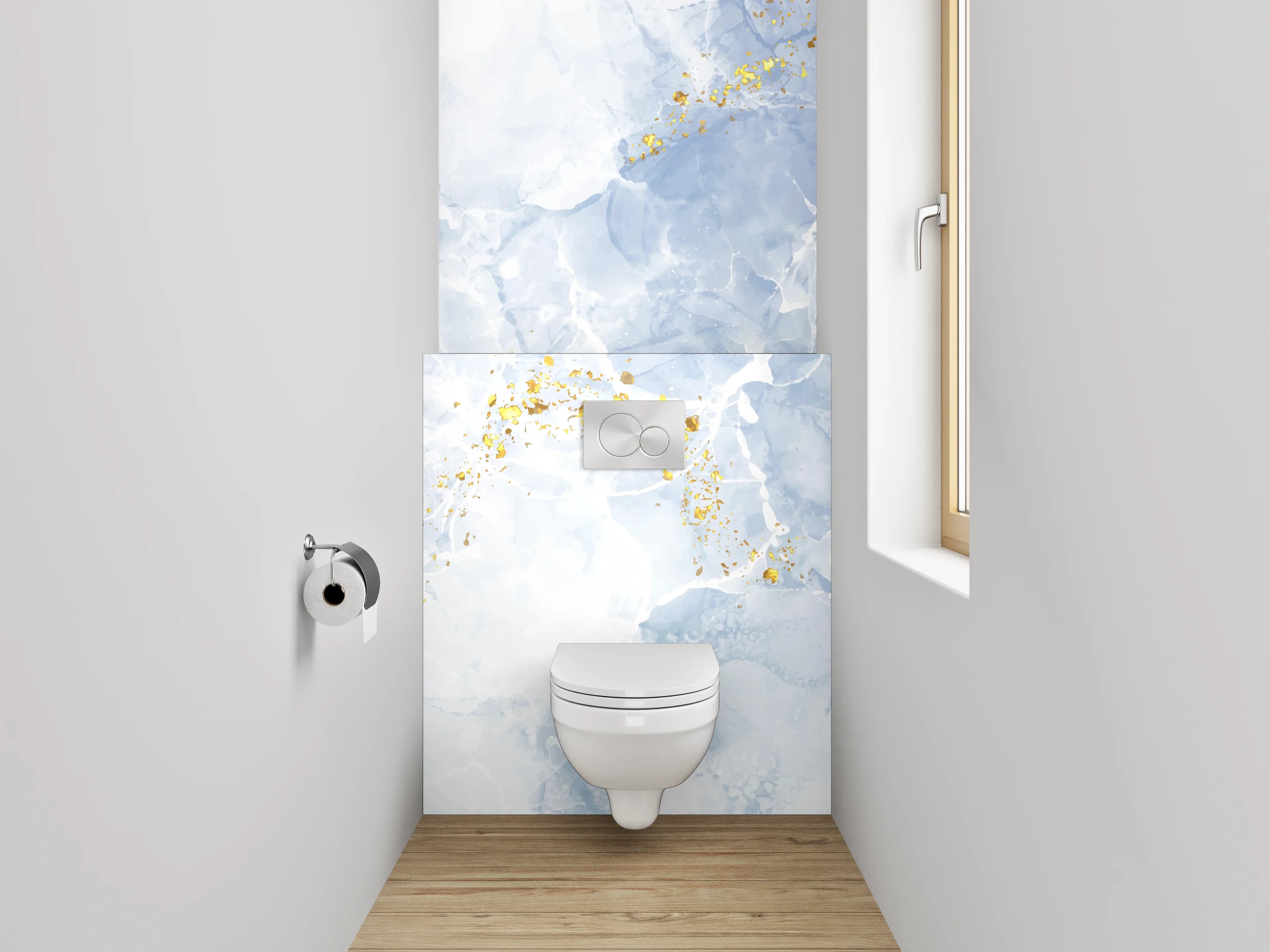 WC-Rückwand - Blau-Weiße Wasserfarbentechnik mit Goldakzenten