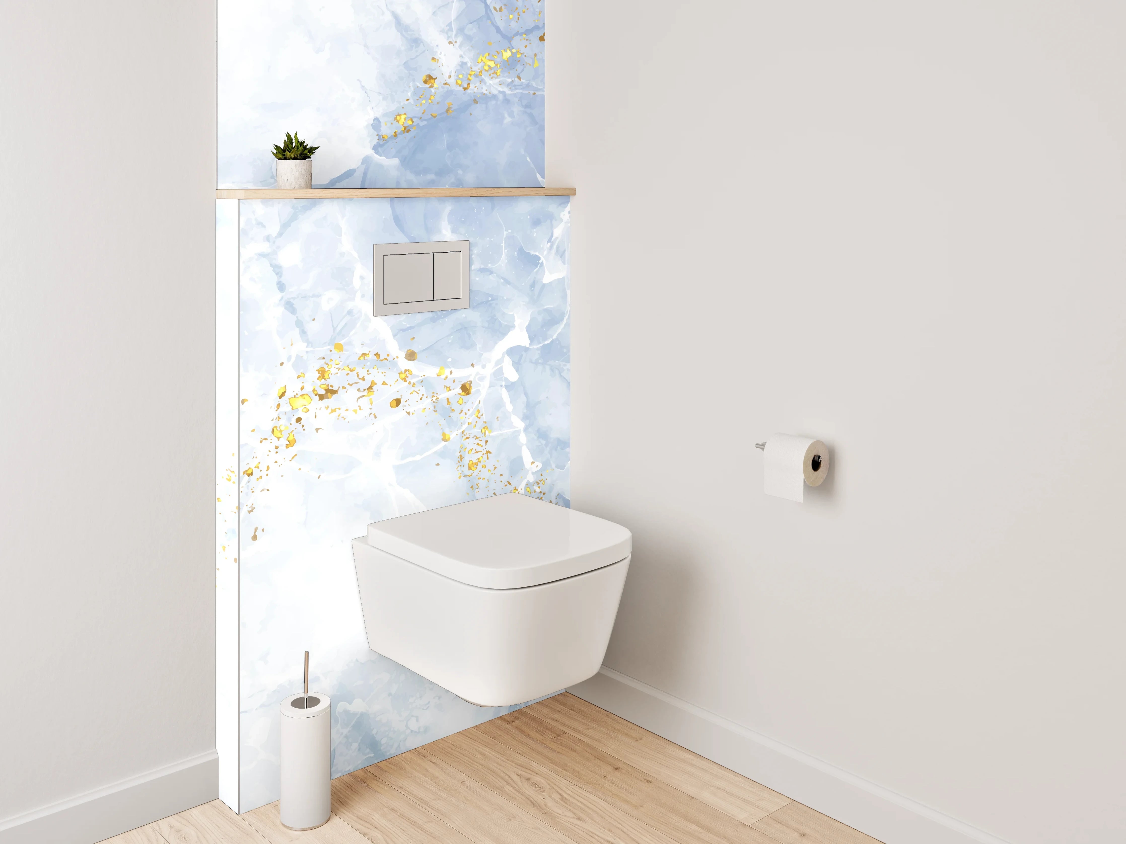 WC-Rückwand - Blau-Weiße Wasserfarbentechnik mit Goldakzenten