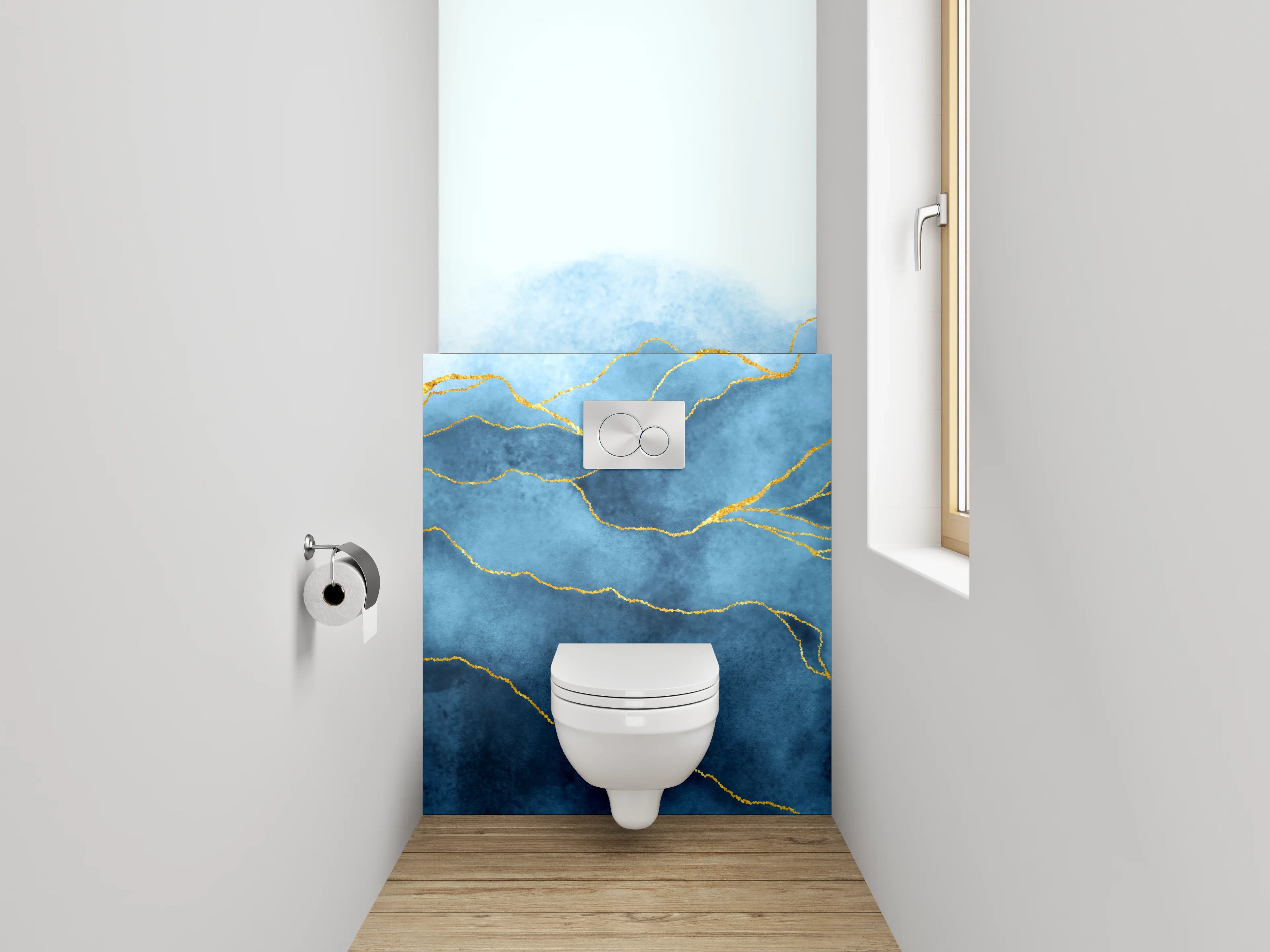 WC-Rückwand - Blau-goldenes Aquarell-Design