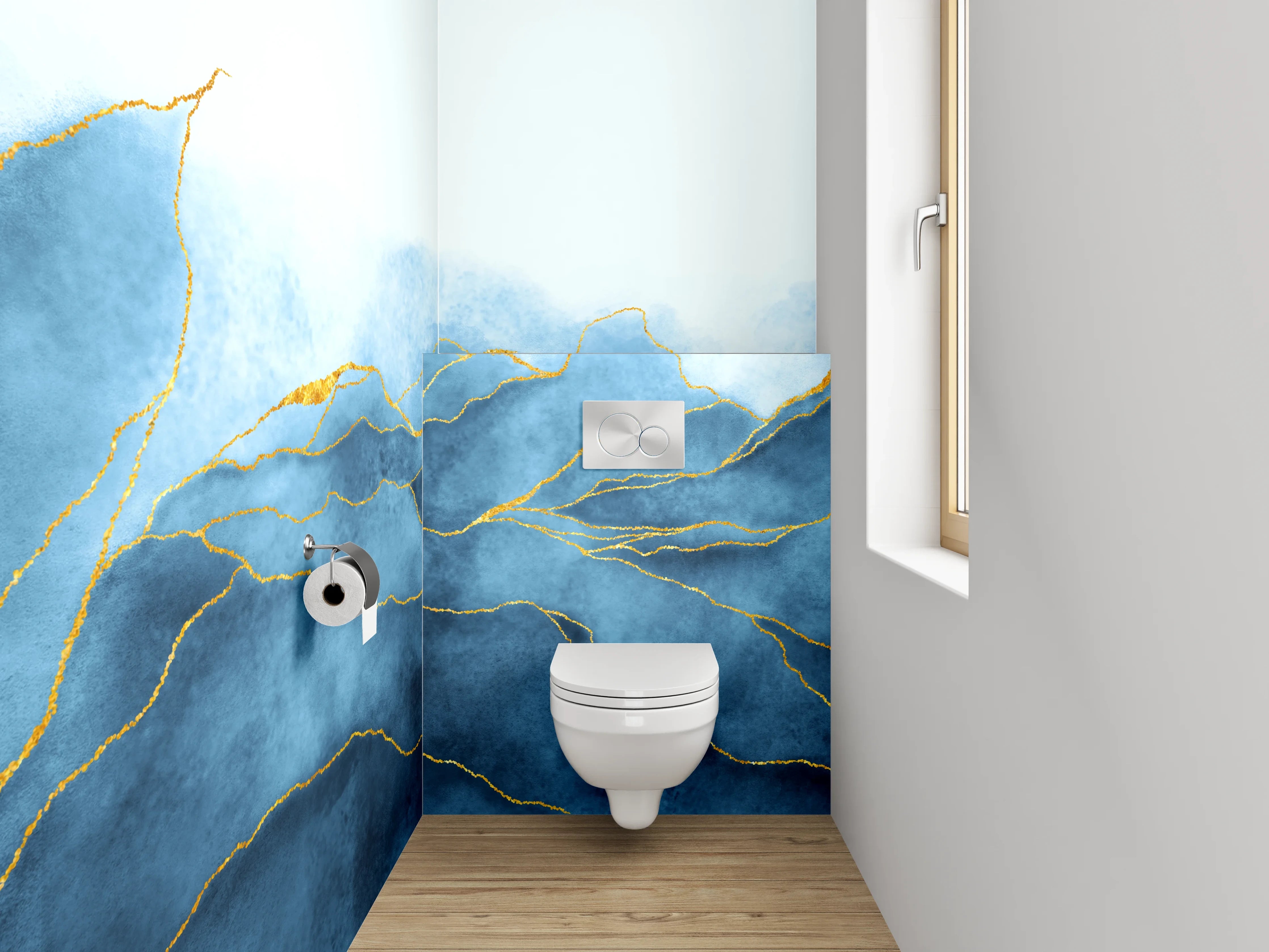 WC-Rückwand - Blau-goldenes Aquarell-Design