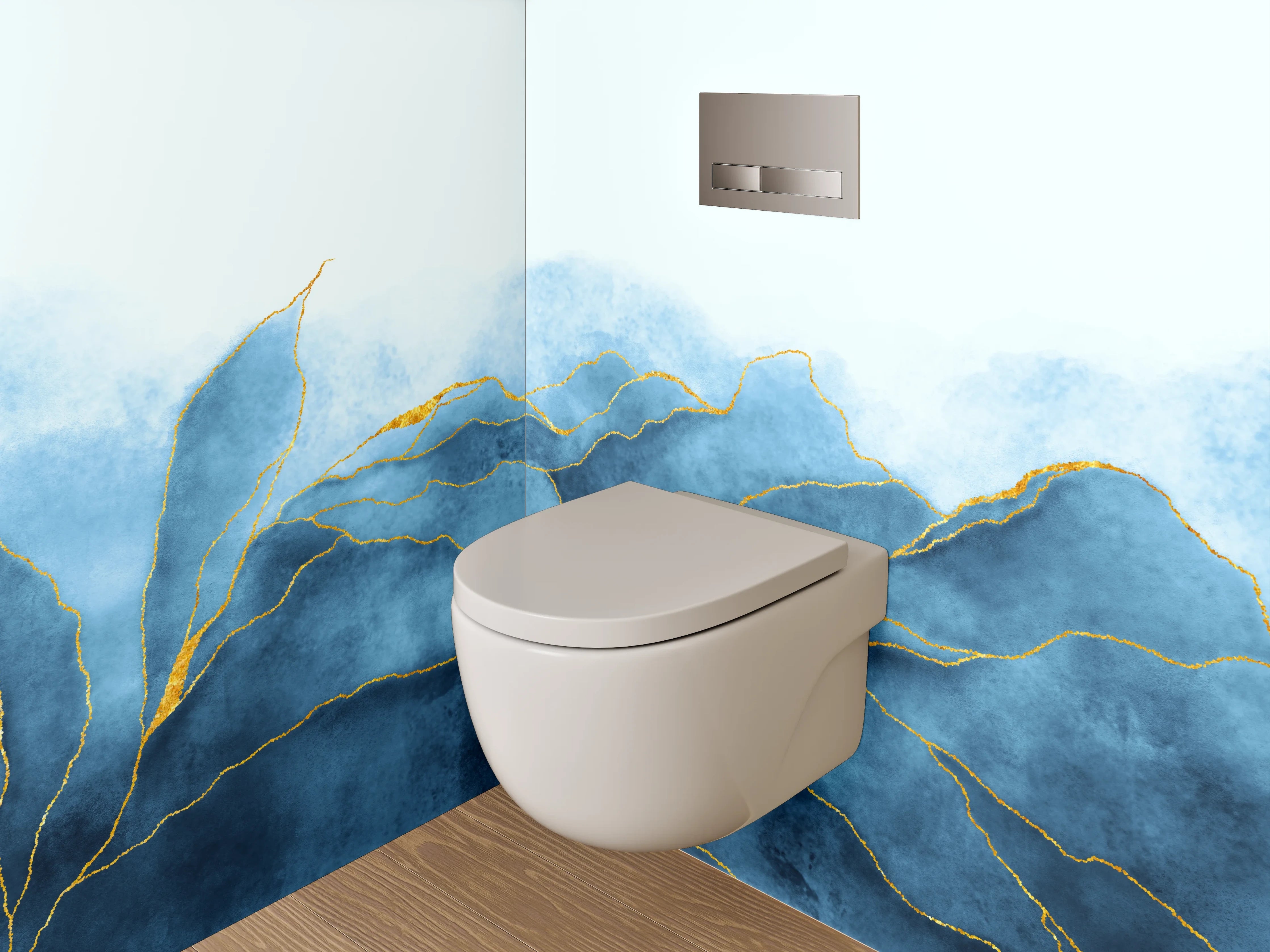 WC-Rückwand - Blau-goldenes Aquarell-Design