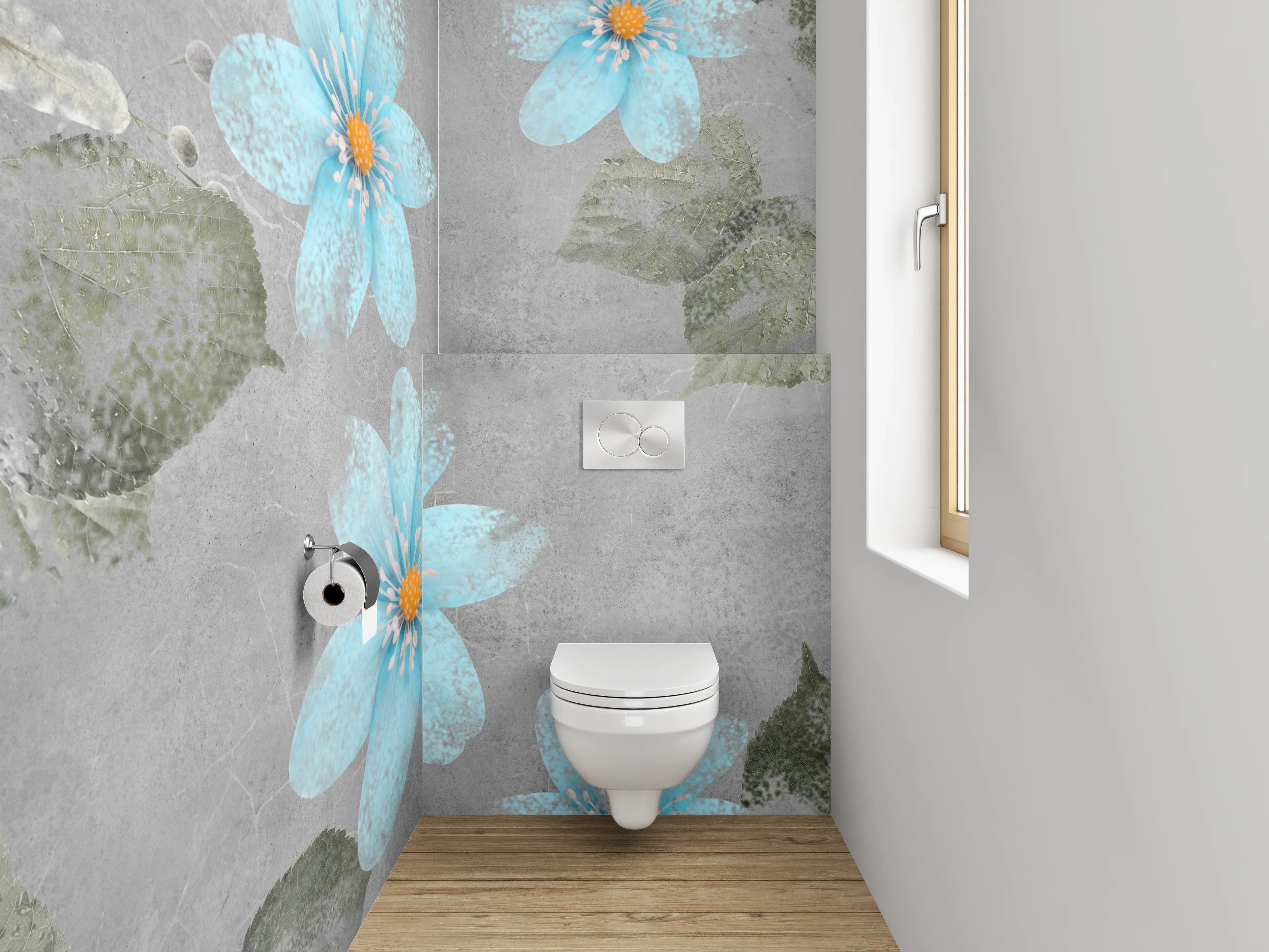 WC-Rückwand - Blau-graue Blumen Aquarell auf Beton