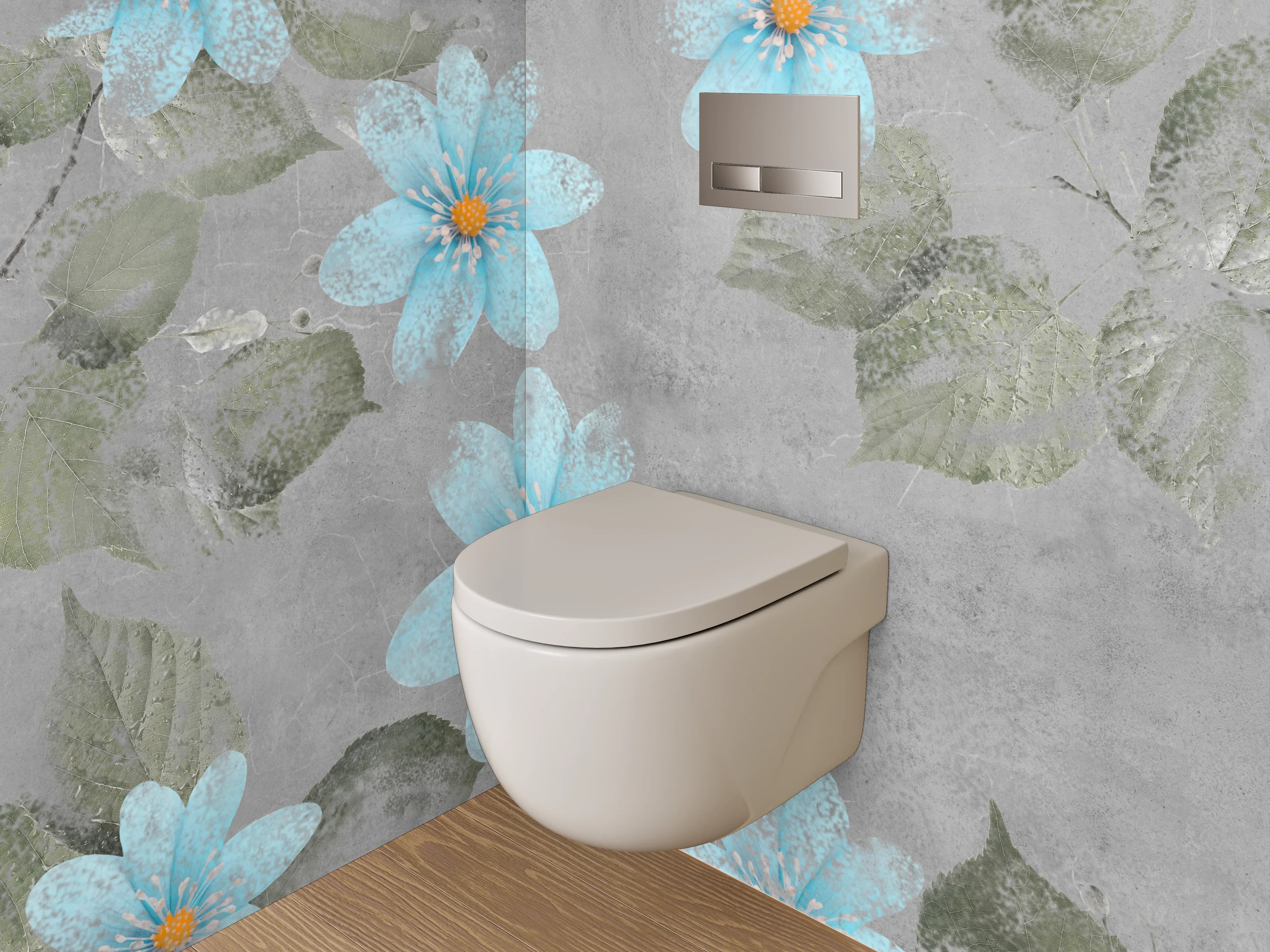 WC-Rückwand - Blau-graue Blumen Aquarell auf Beton