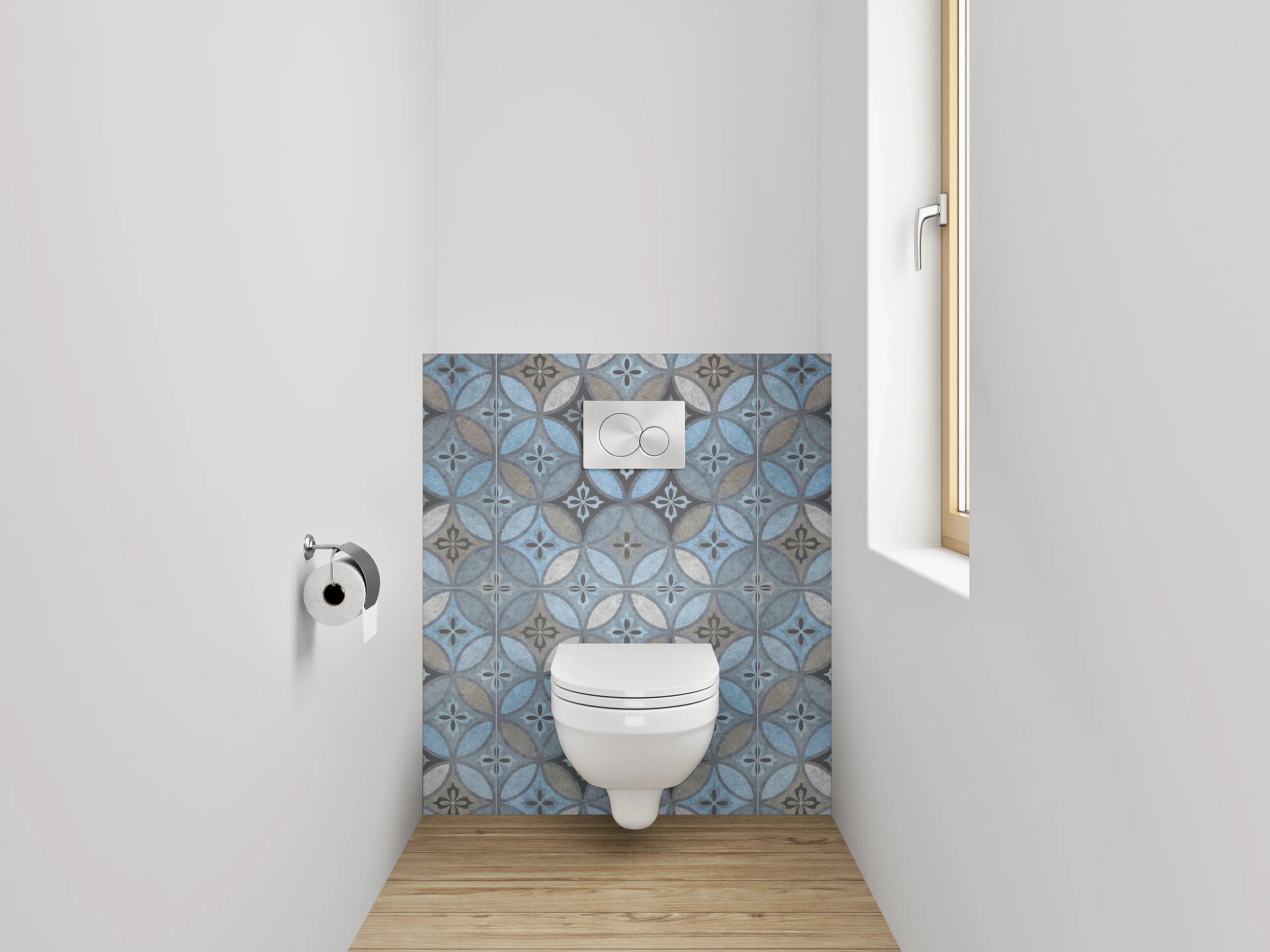 WC-Rückwand - Blau-graue Retrofliesen mit weißen Akzenten