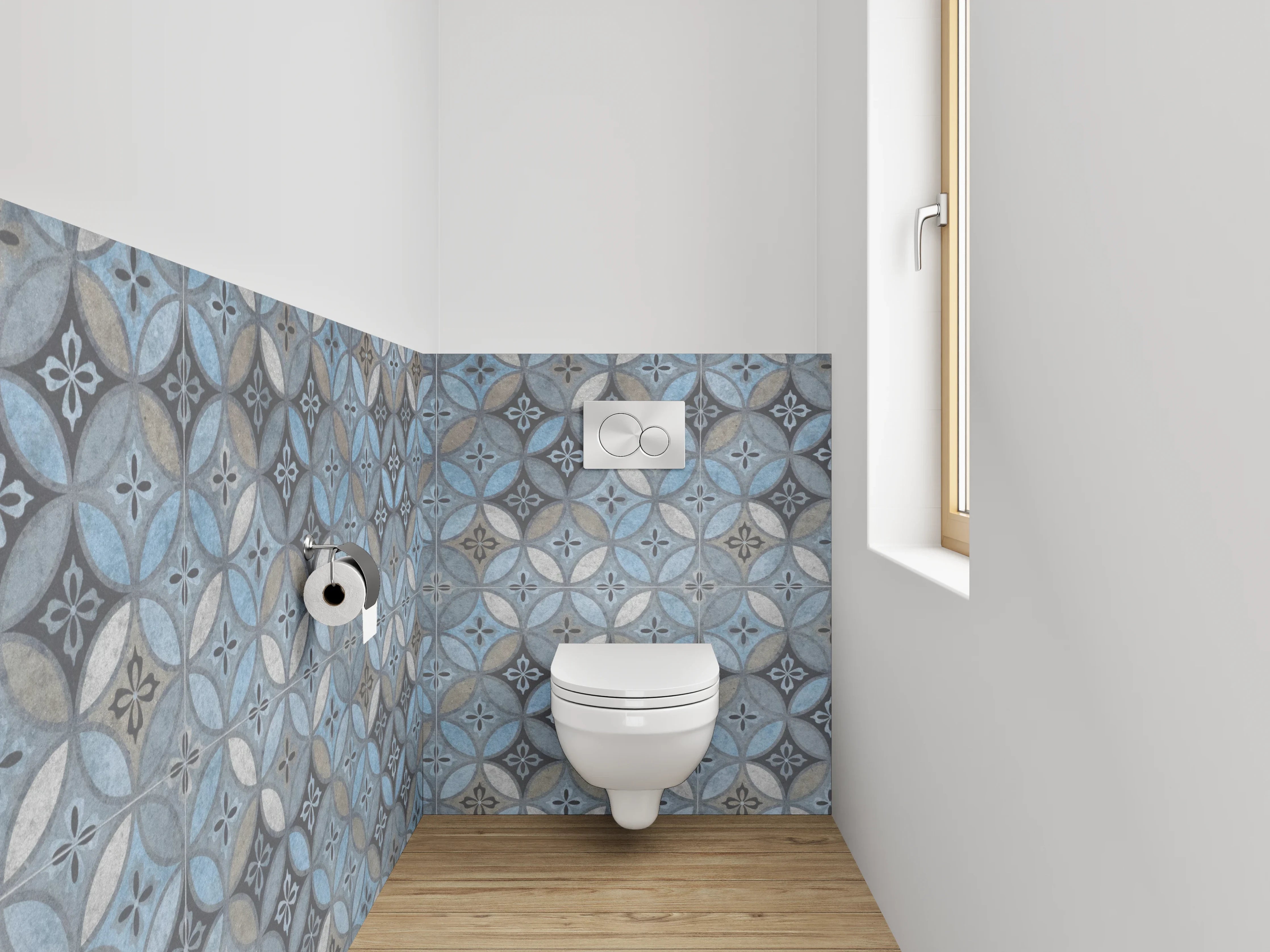 WC-Rückwand - Blau-graue Retrofliesen mit weißen Akzenten