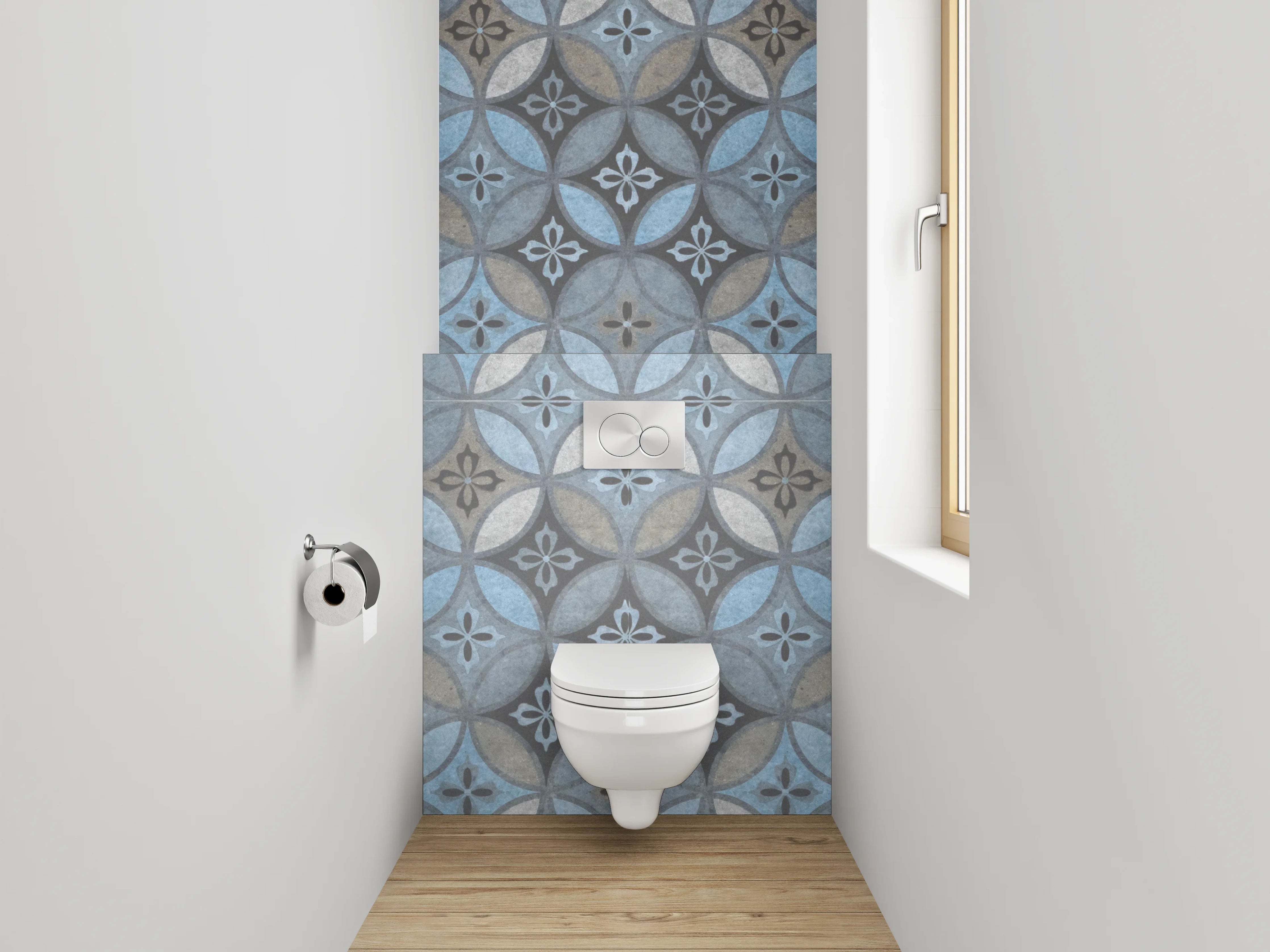 WC-Rückwand - Blau-graue Retrofliesen mit weißen Akzenten