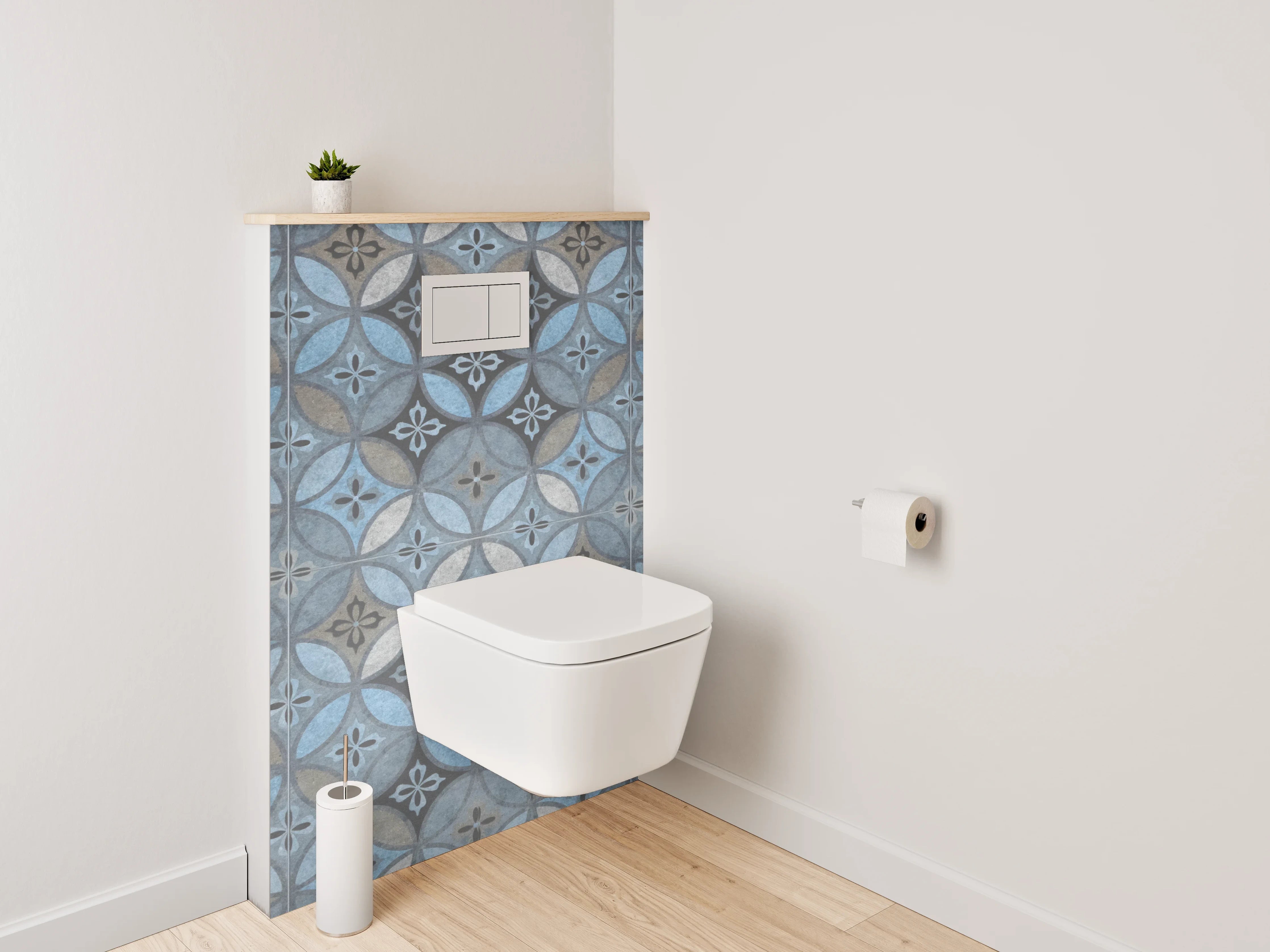 WC-Rückwand - Blau-graue Retrofliesen mit weißen Akzenten