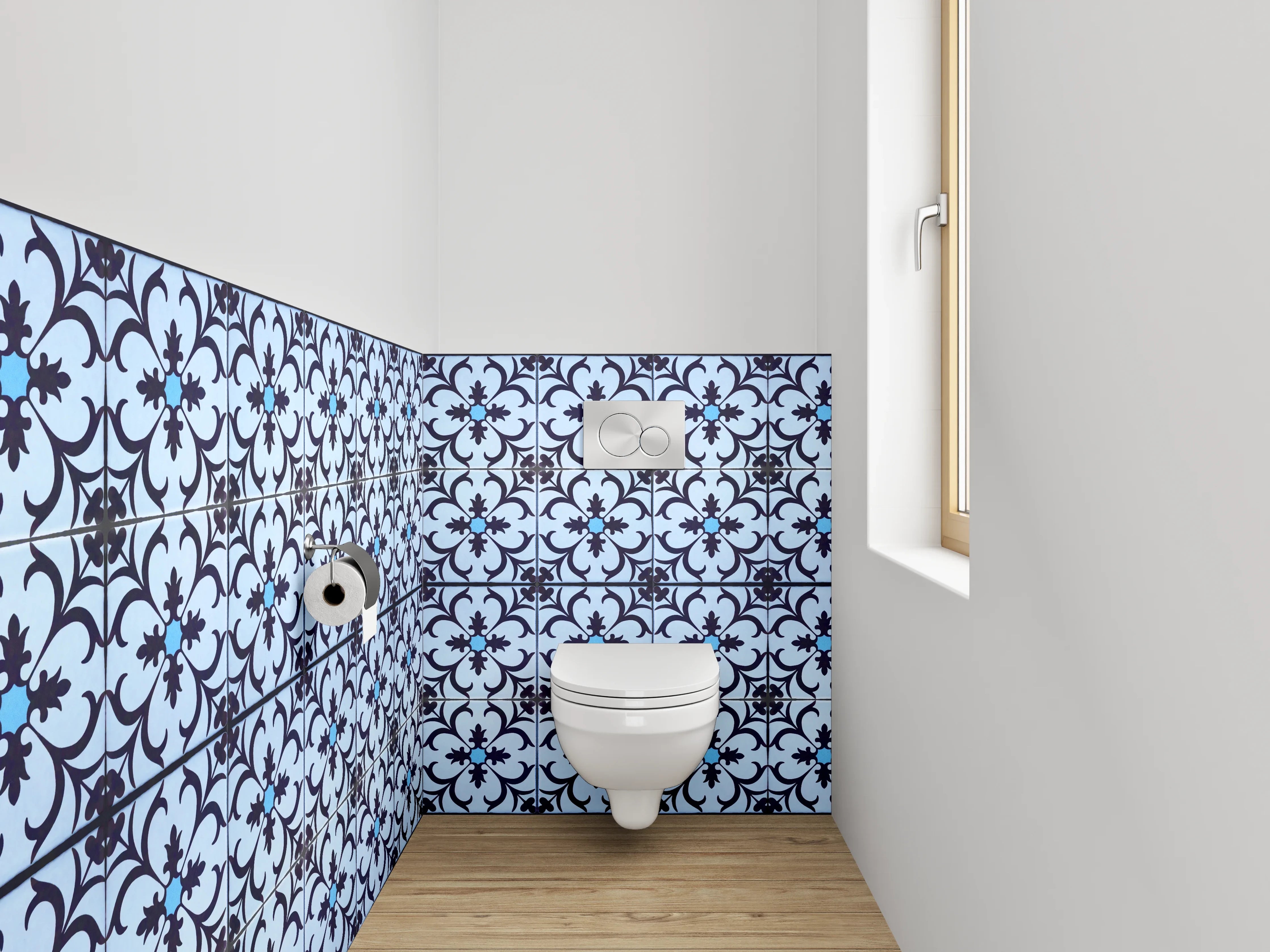 WC-Rückwand - Blau-graues Jugendstil-Ornament Muster