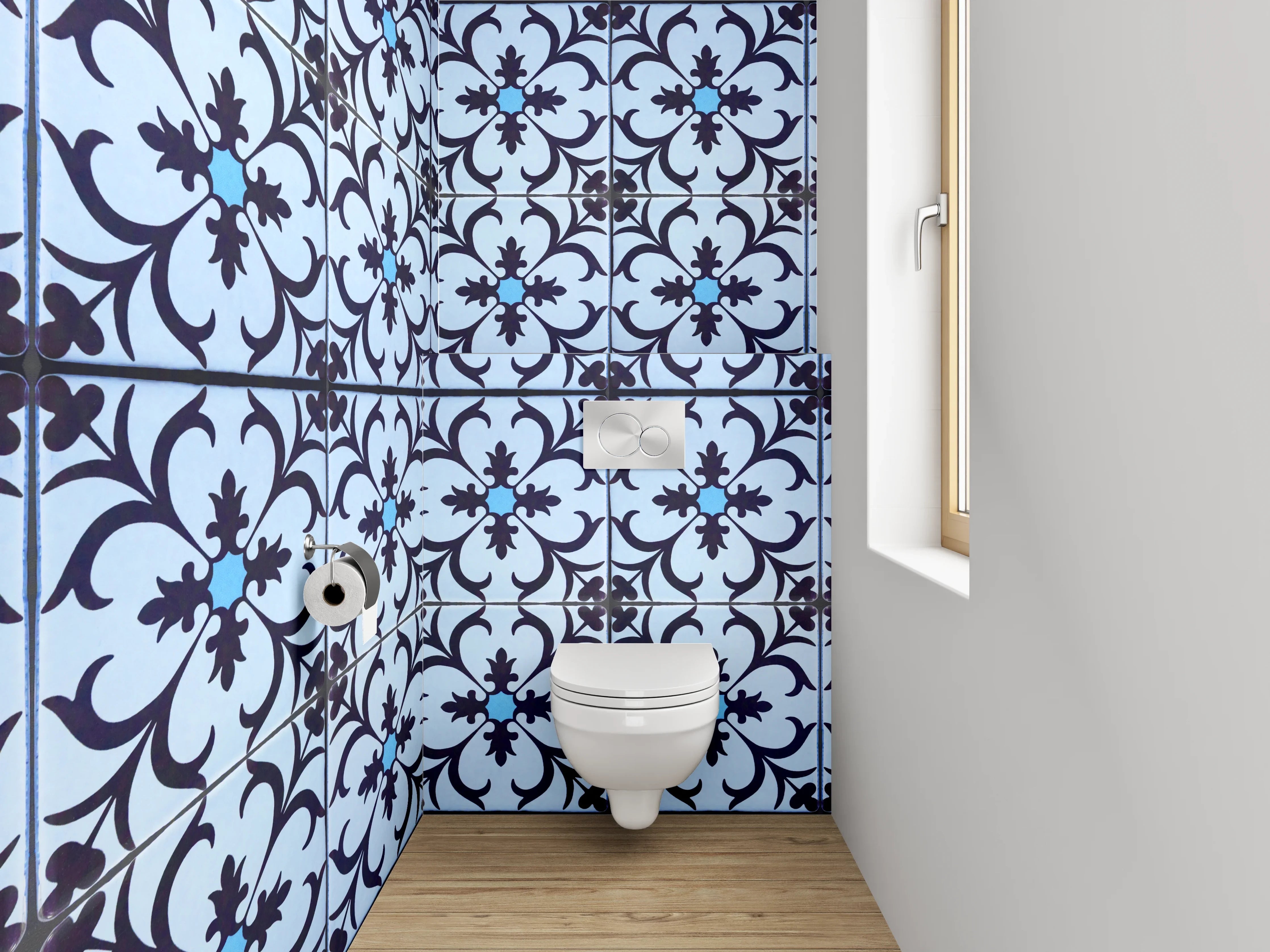 WC-Rückwand - Blau-graues Jugendstil-Ornament Muster