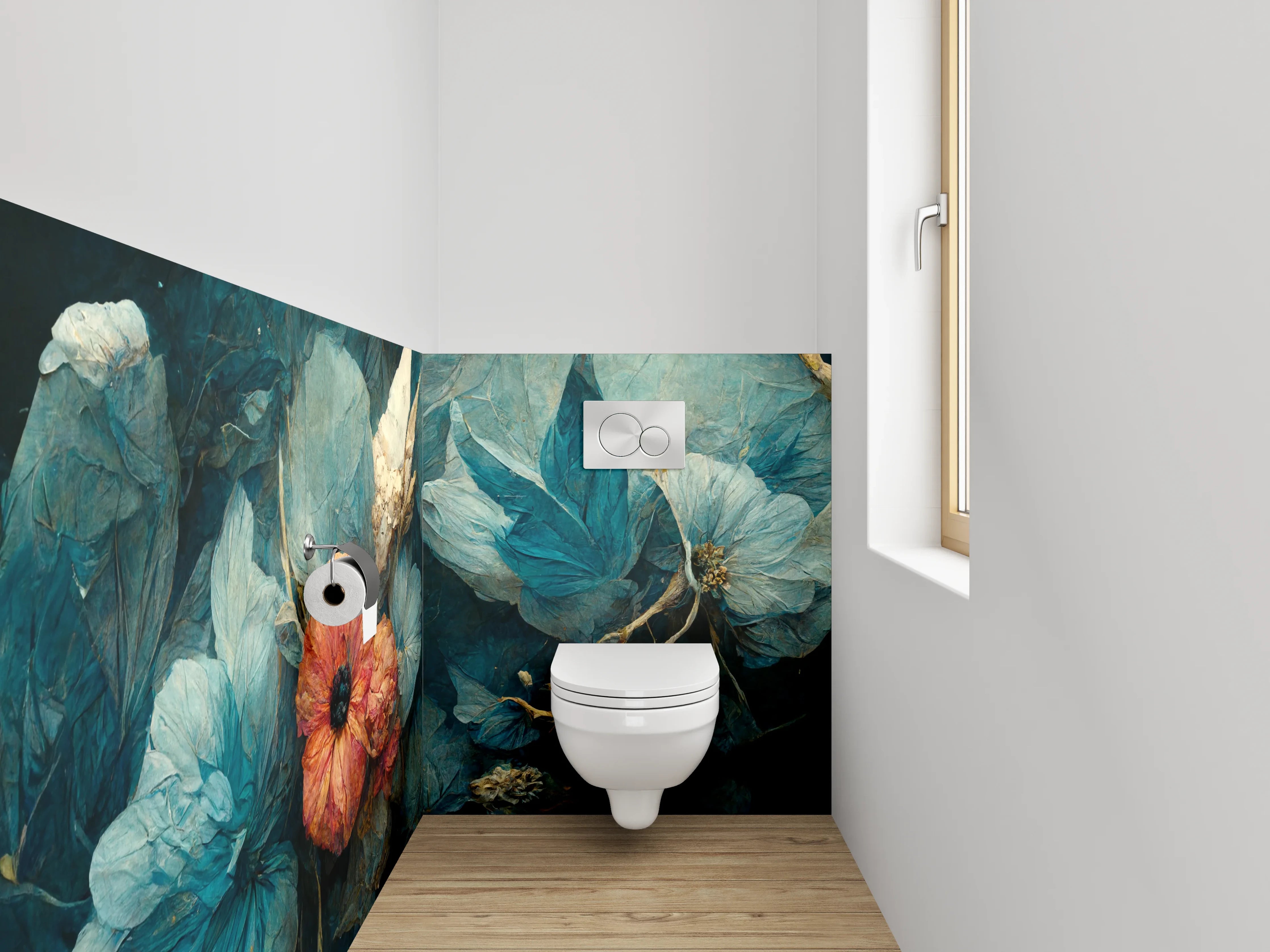 WC-Rückwand - Blau-rote Blumenmalerei Stillleben