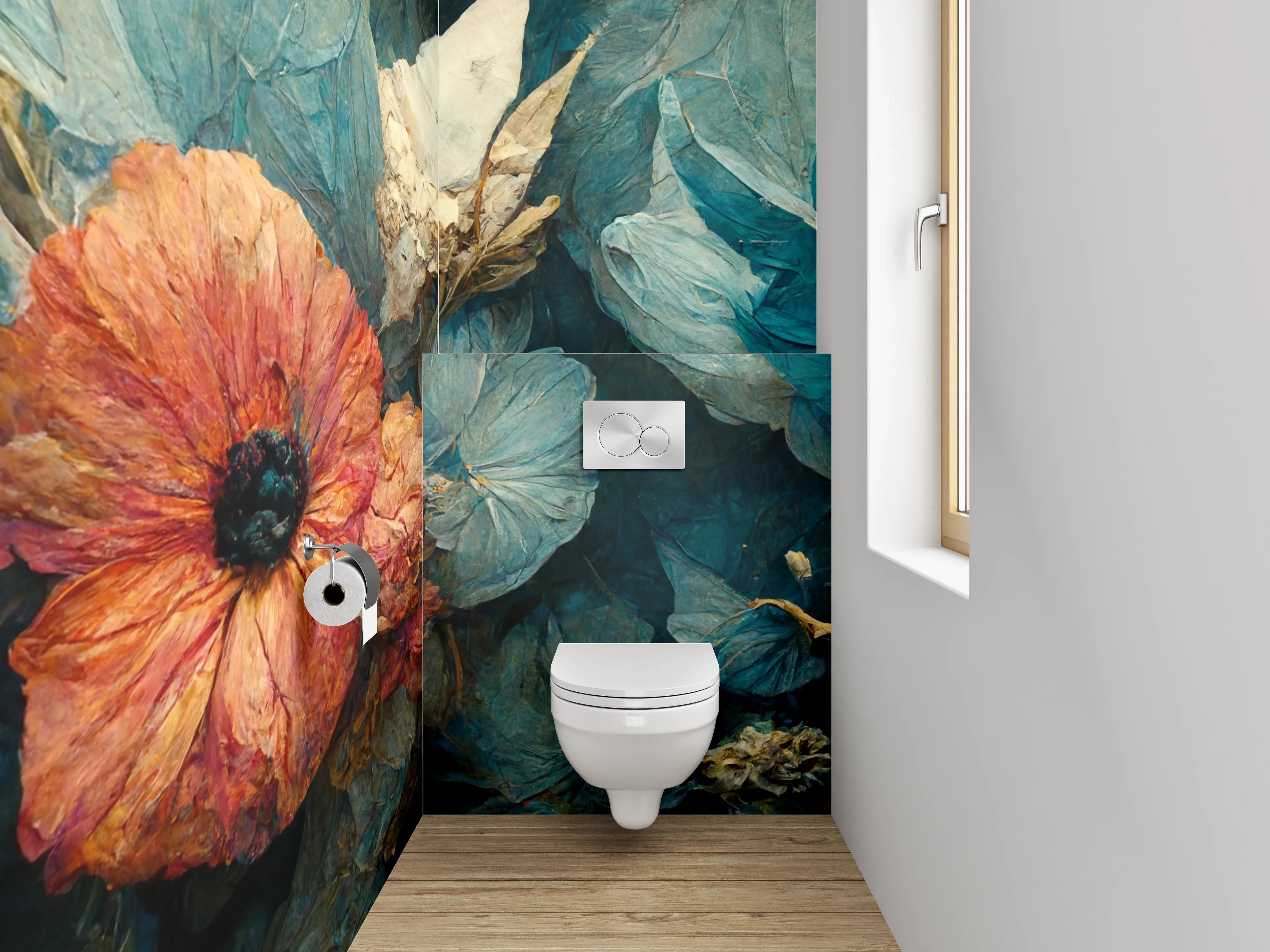 WC-Rückwand - Blau-rote Blumenmalerei Stillleben