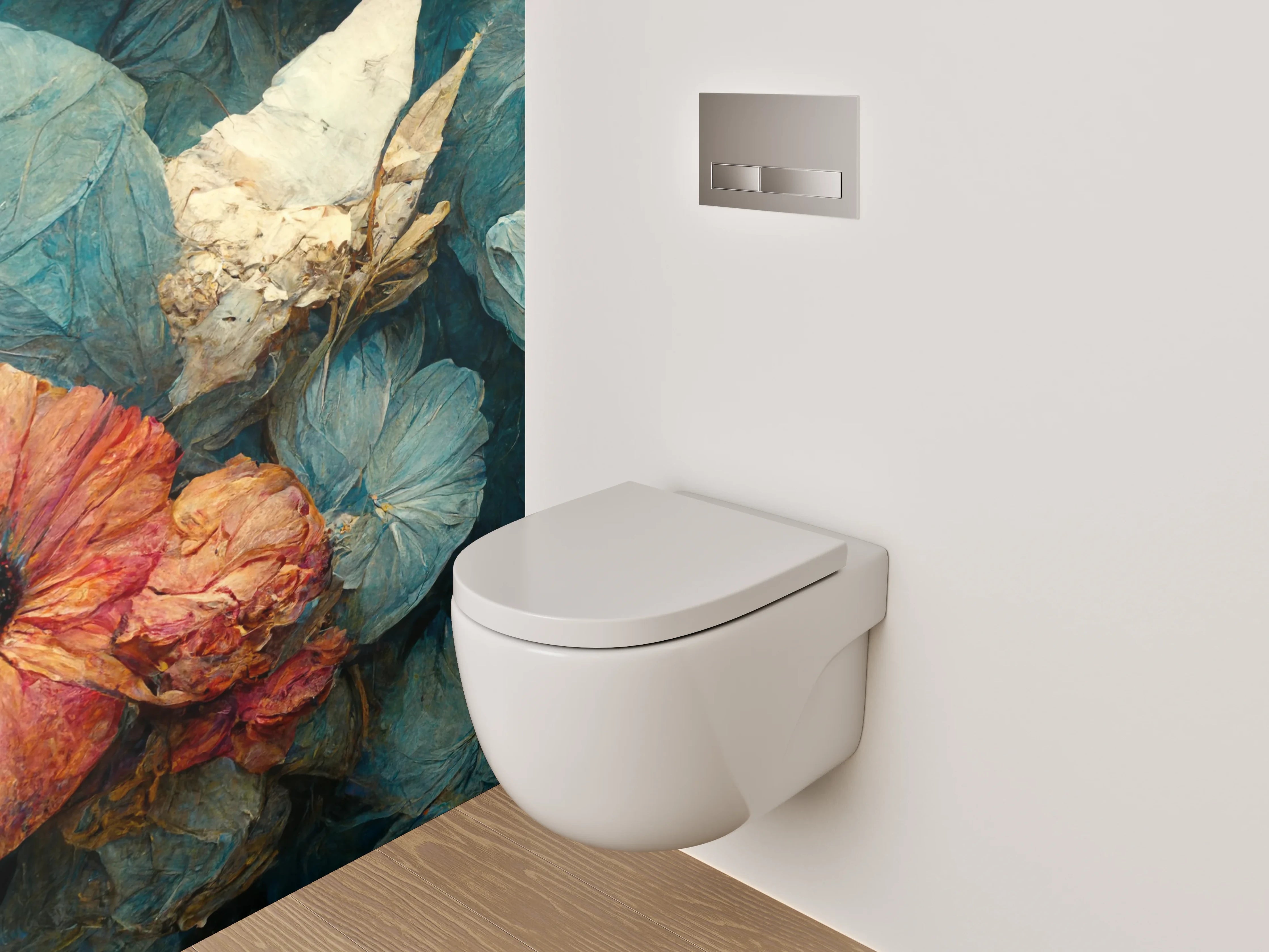 WC-Rückwand - Blau-rote Blumenmalerei Stillleben