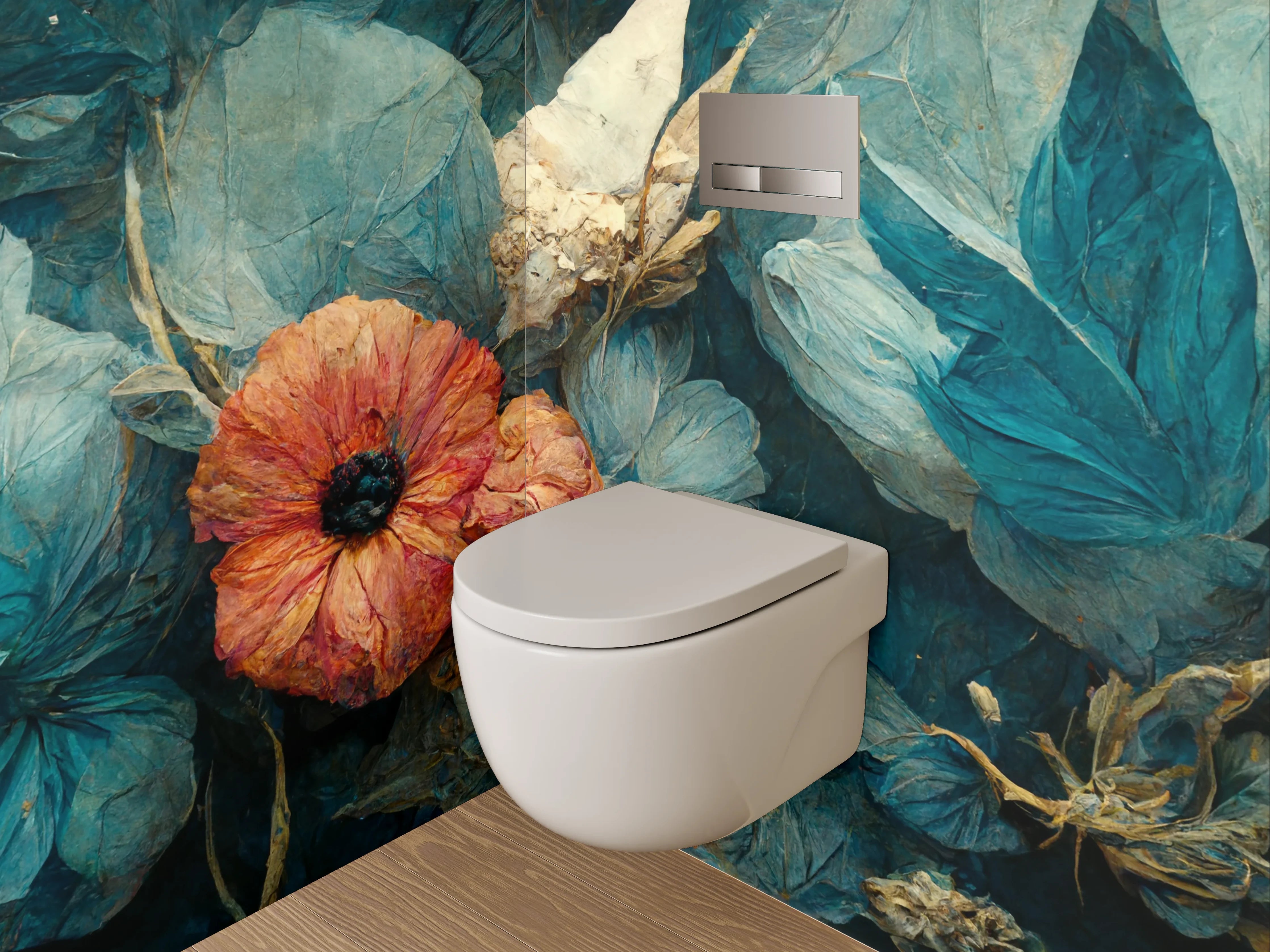 WC-Rückwand - Blau-rote Blumenmalerei Stillleben