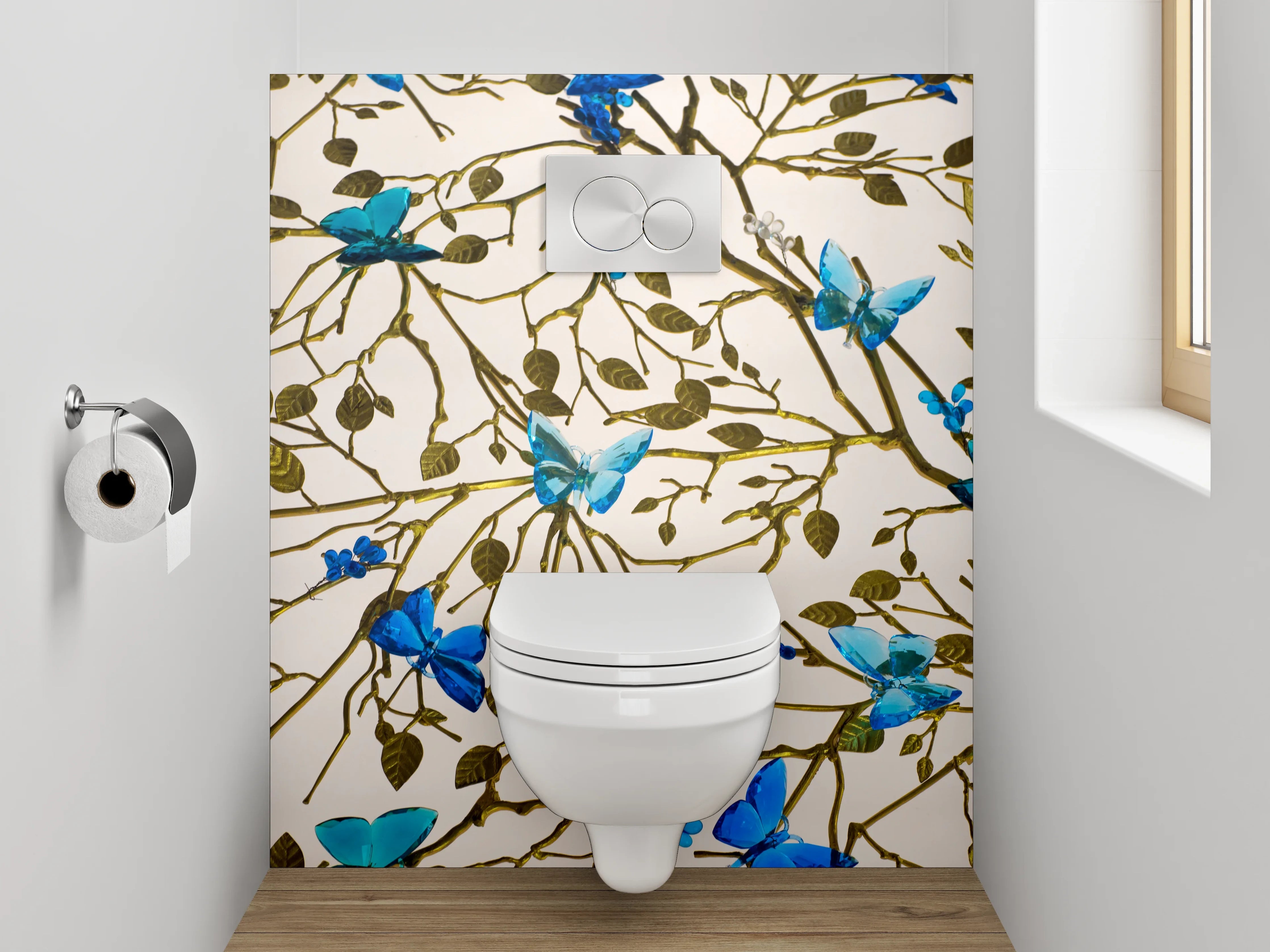 WC-Rückwand - Blau-türkise Schmetterlinge auf Ästen