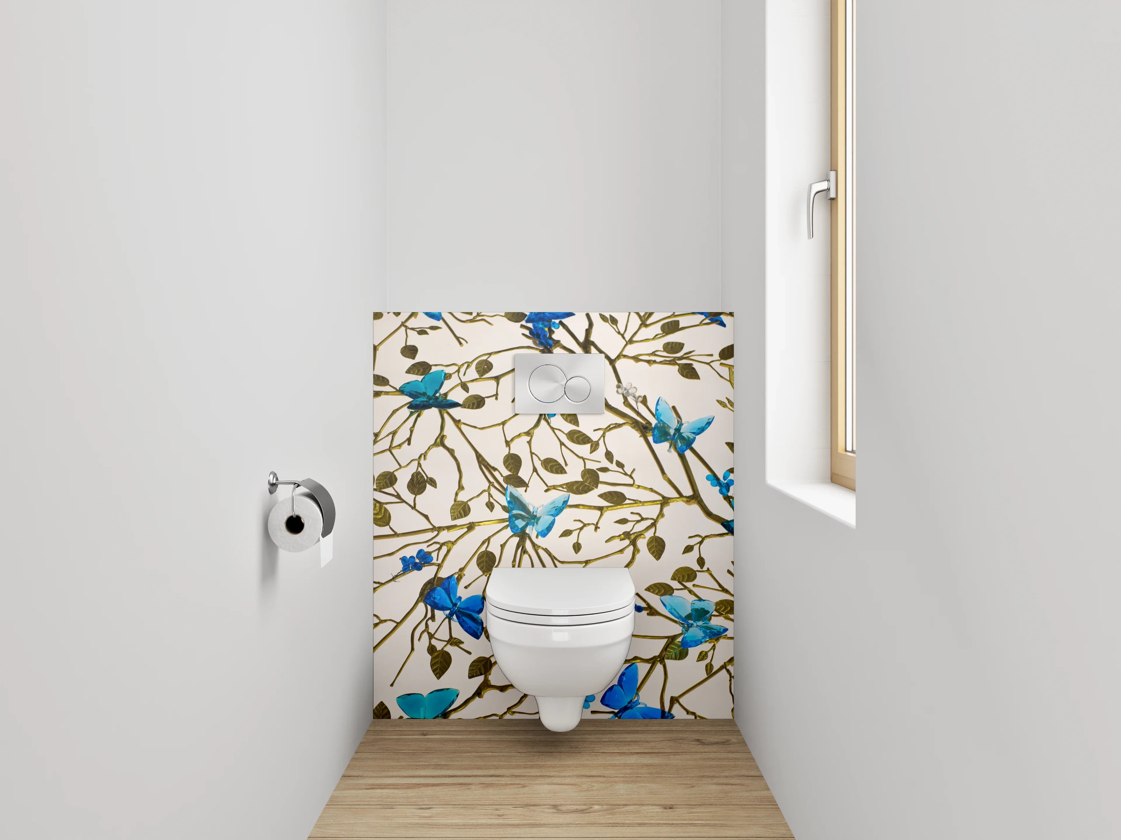 WC-Rückwand - Blau-türkise Schmetterlinge auf Ästen