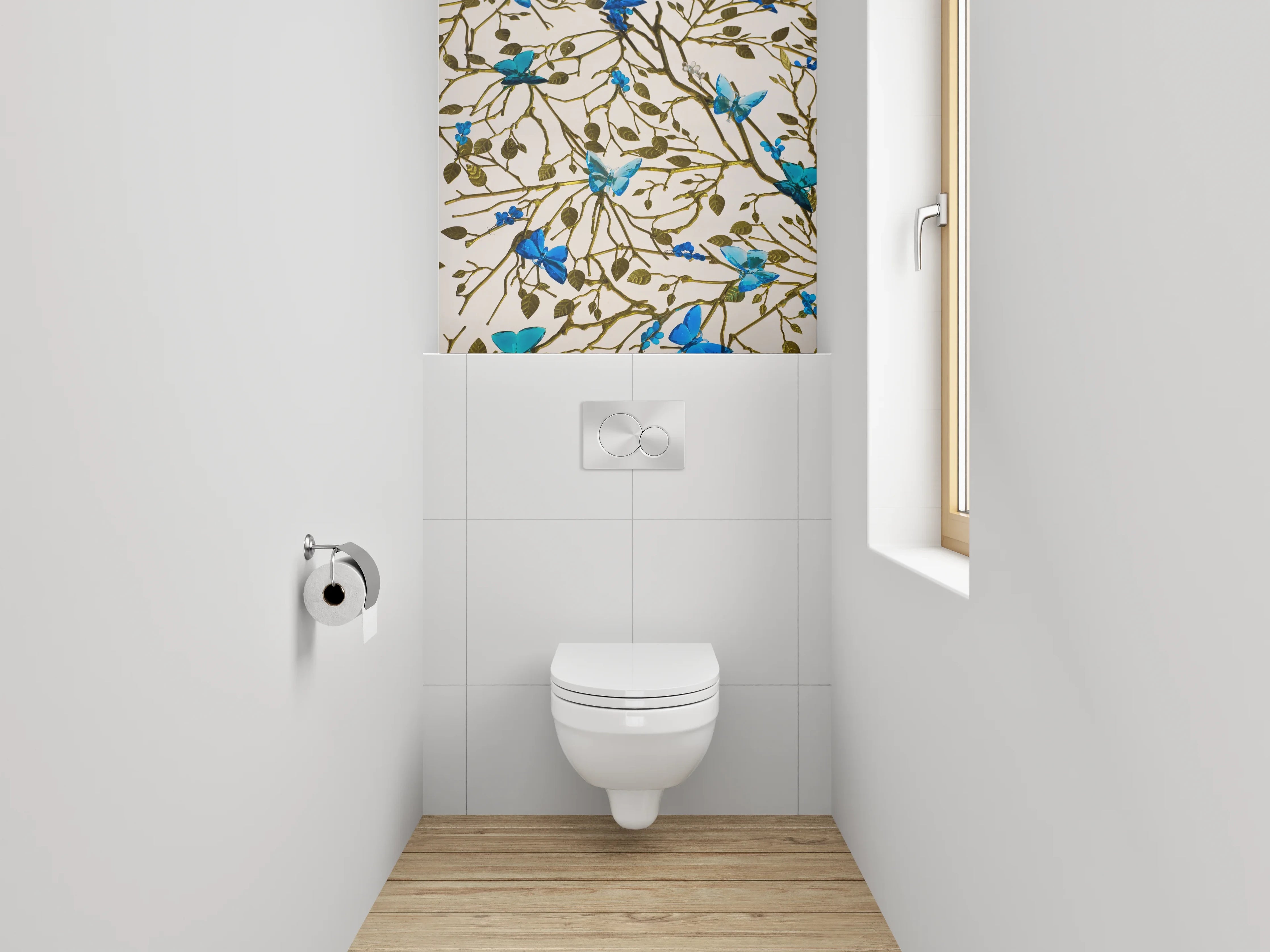 WC-Rückwand - Blau-türkise Schmetterlinge auf Ästen