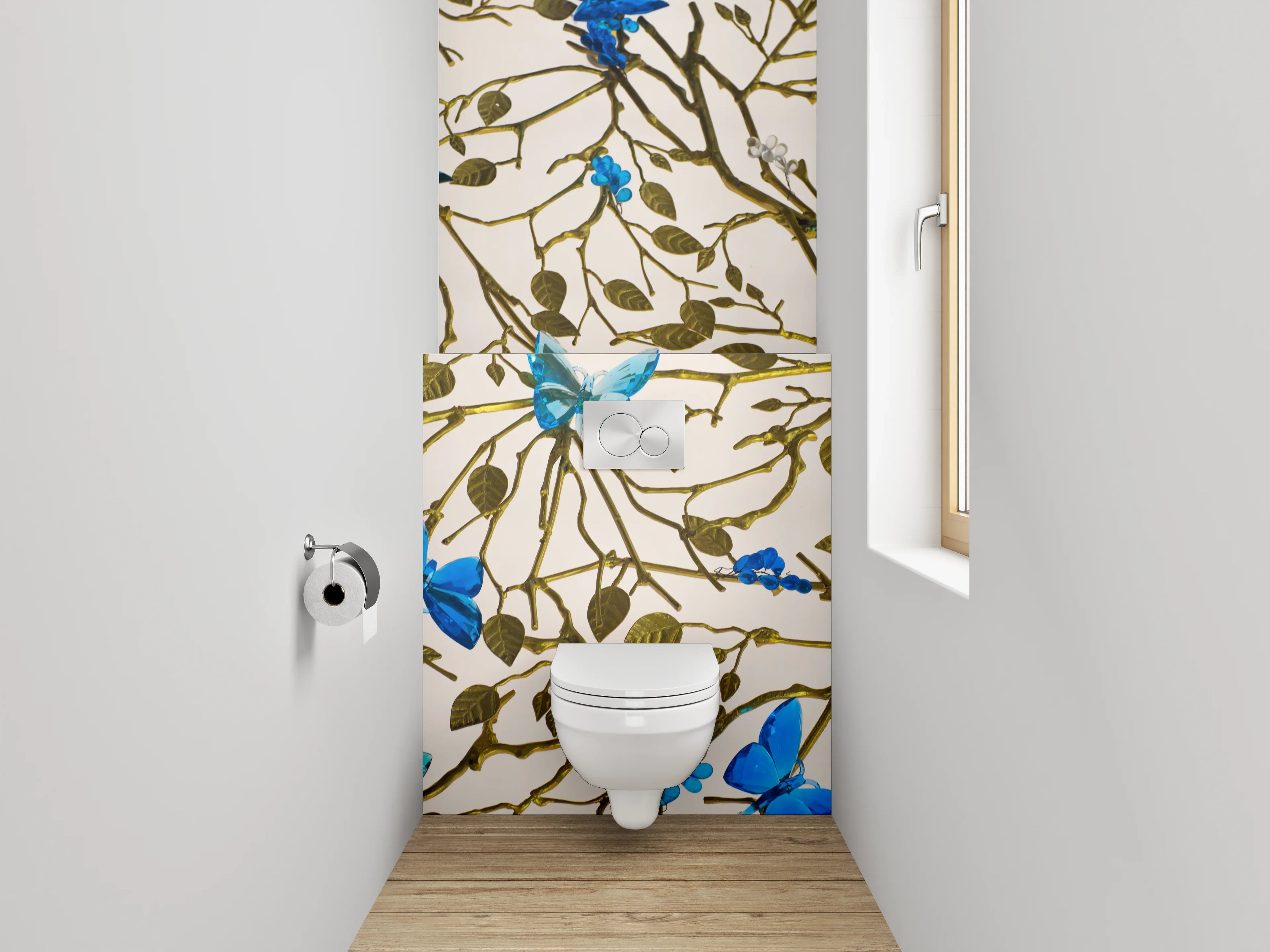 WC-Rückwand - Blau-türkise Schmetterlinge auf Ästen