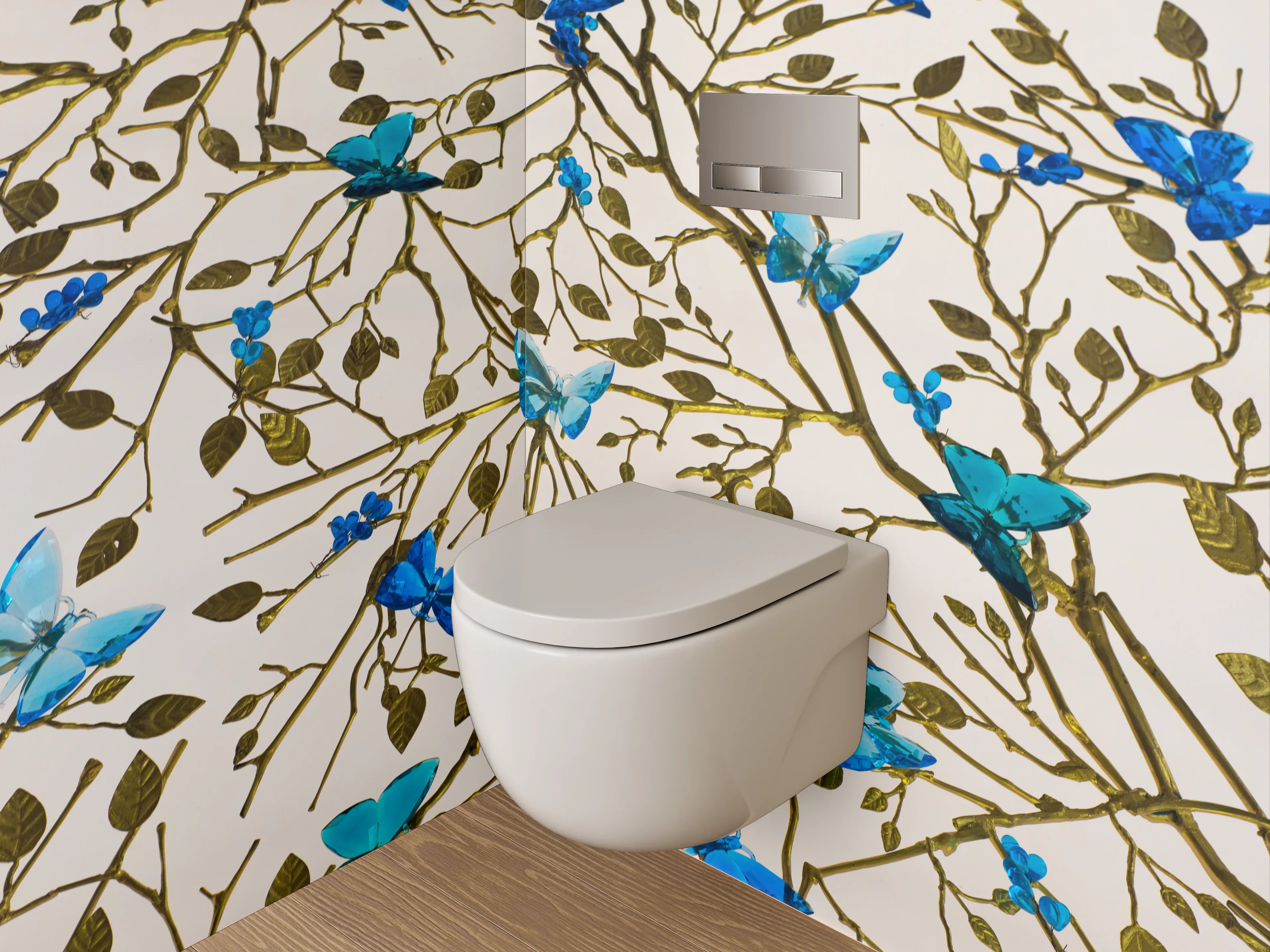 WC-Rückwand - Blau-türkise Schmetterlinge auf Ästen