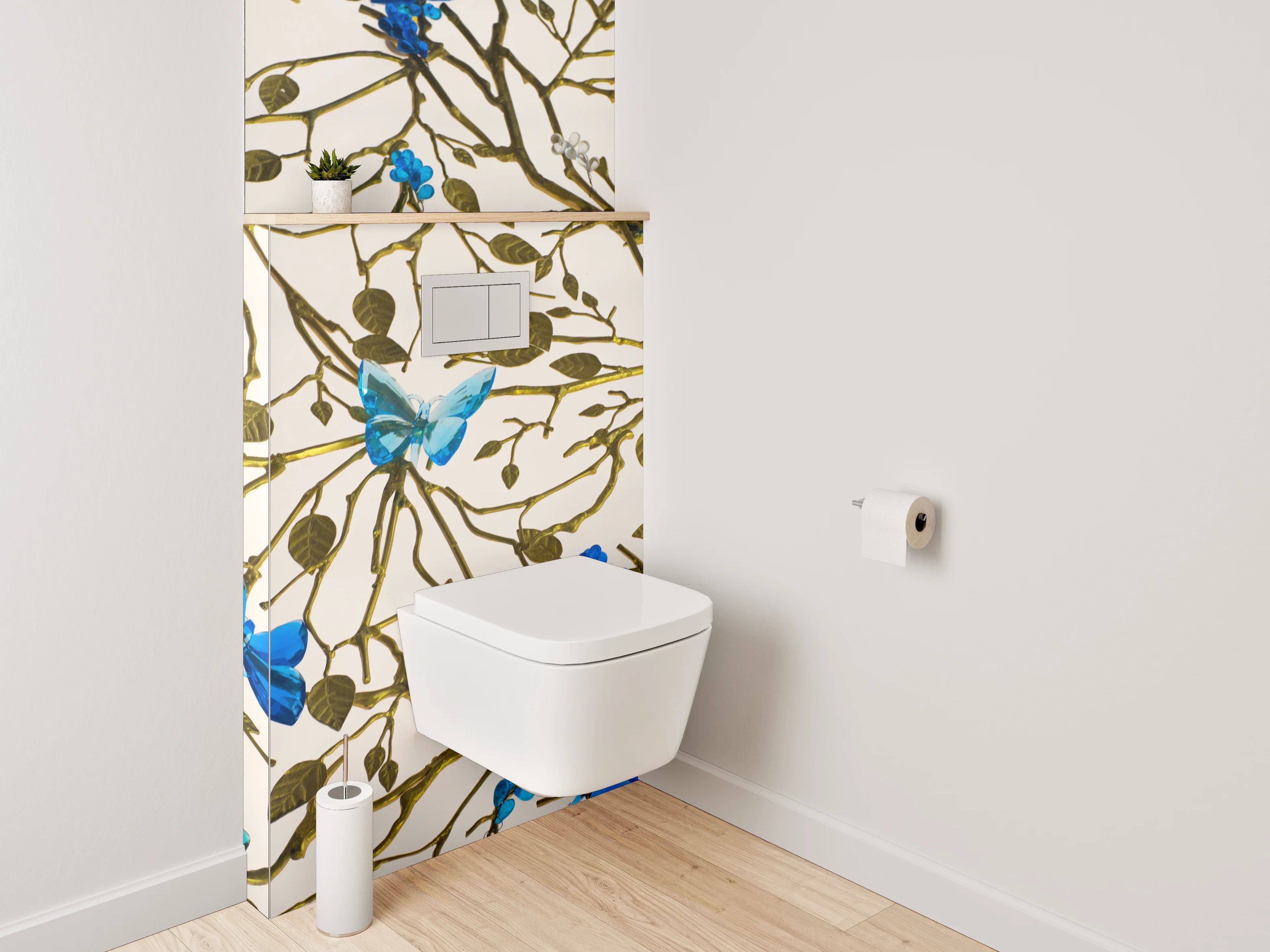 WC-Rückwand - Blau-türkise Schmetterlinge auf Ästen