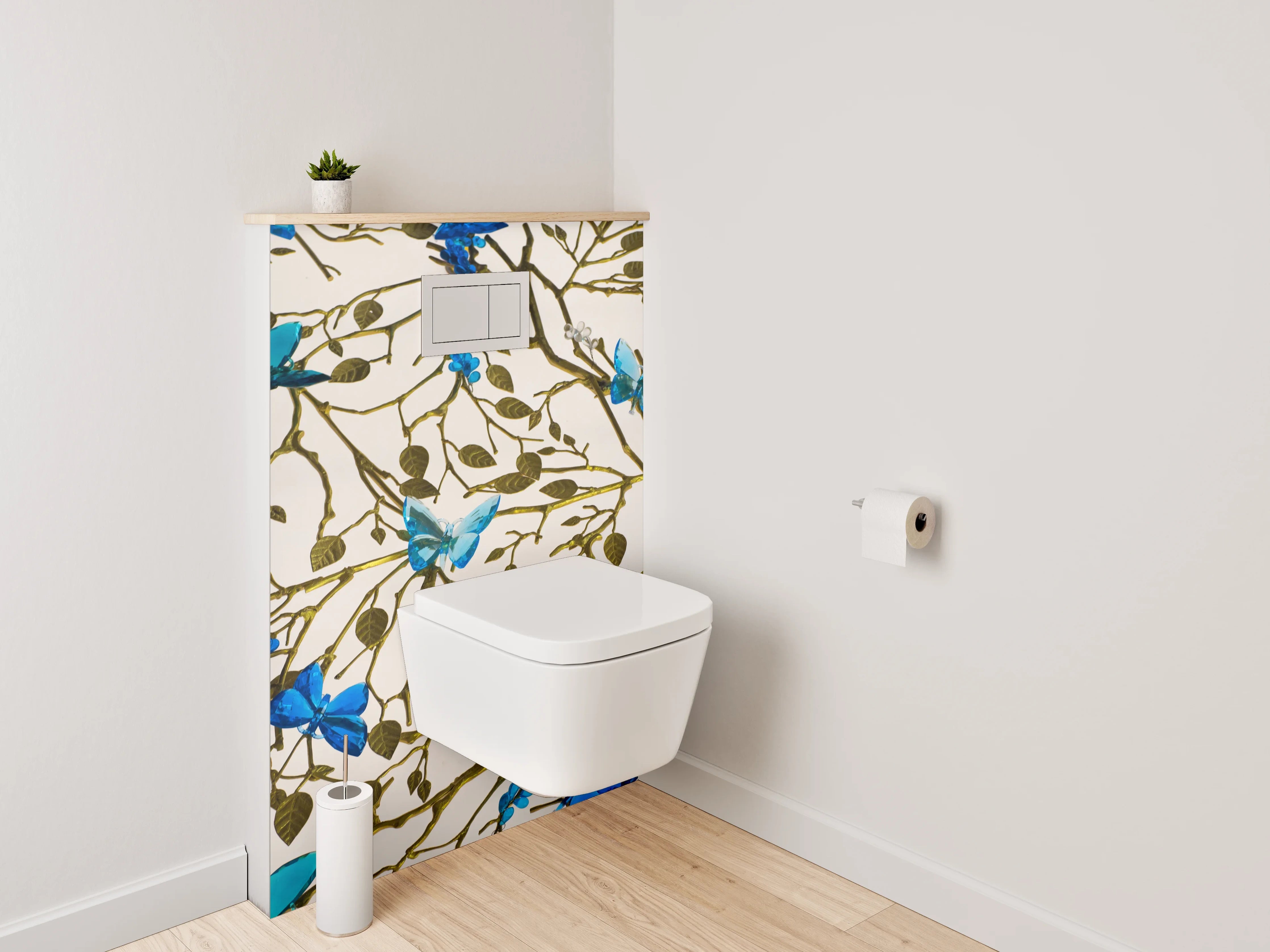 WC-Rückwand - Blau-türkise Schmetterlinge auf Ästen