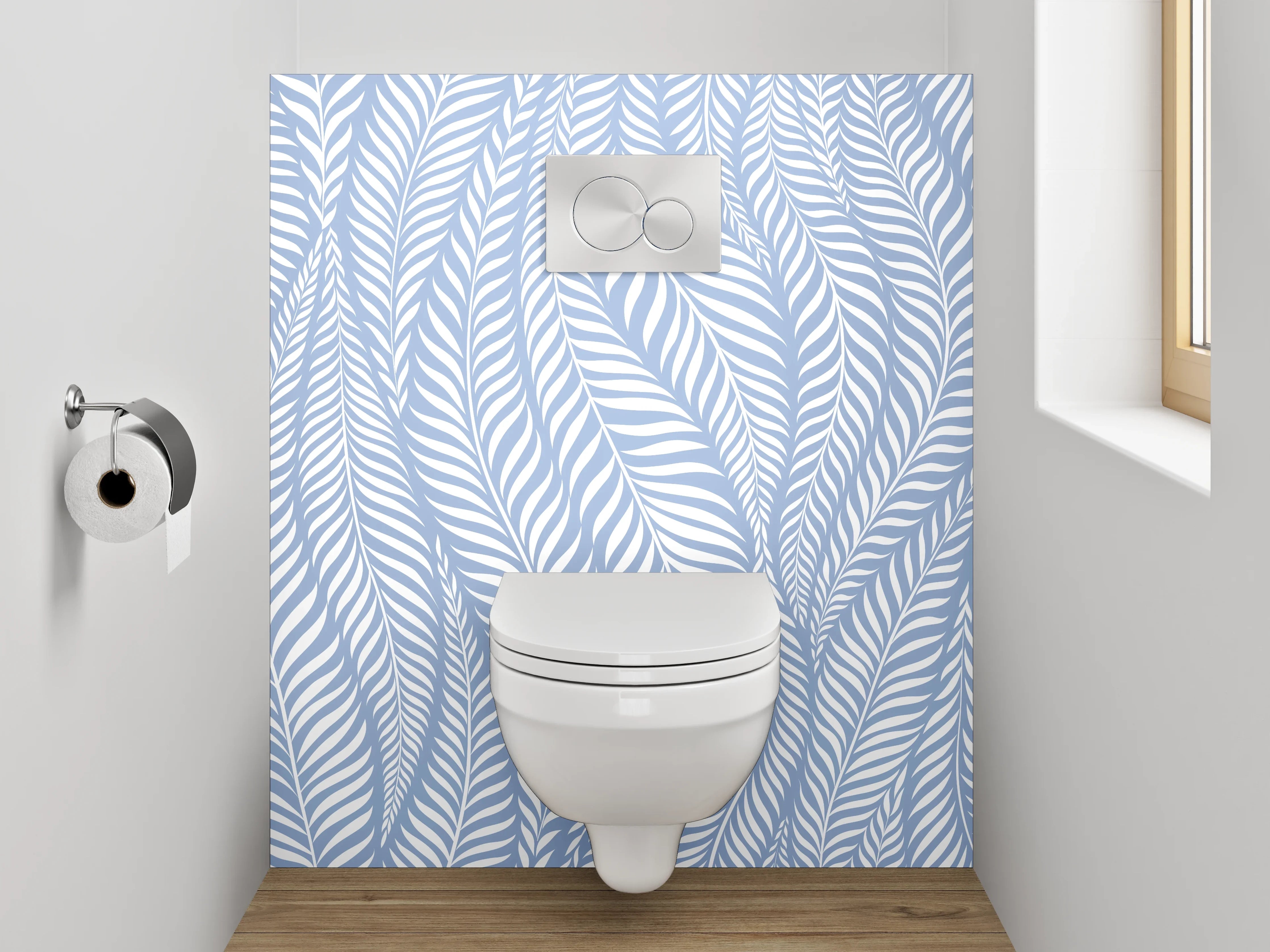 WC-Rückwand - Blau-weißes Blattmuster Design