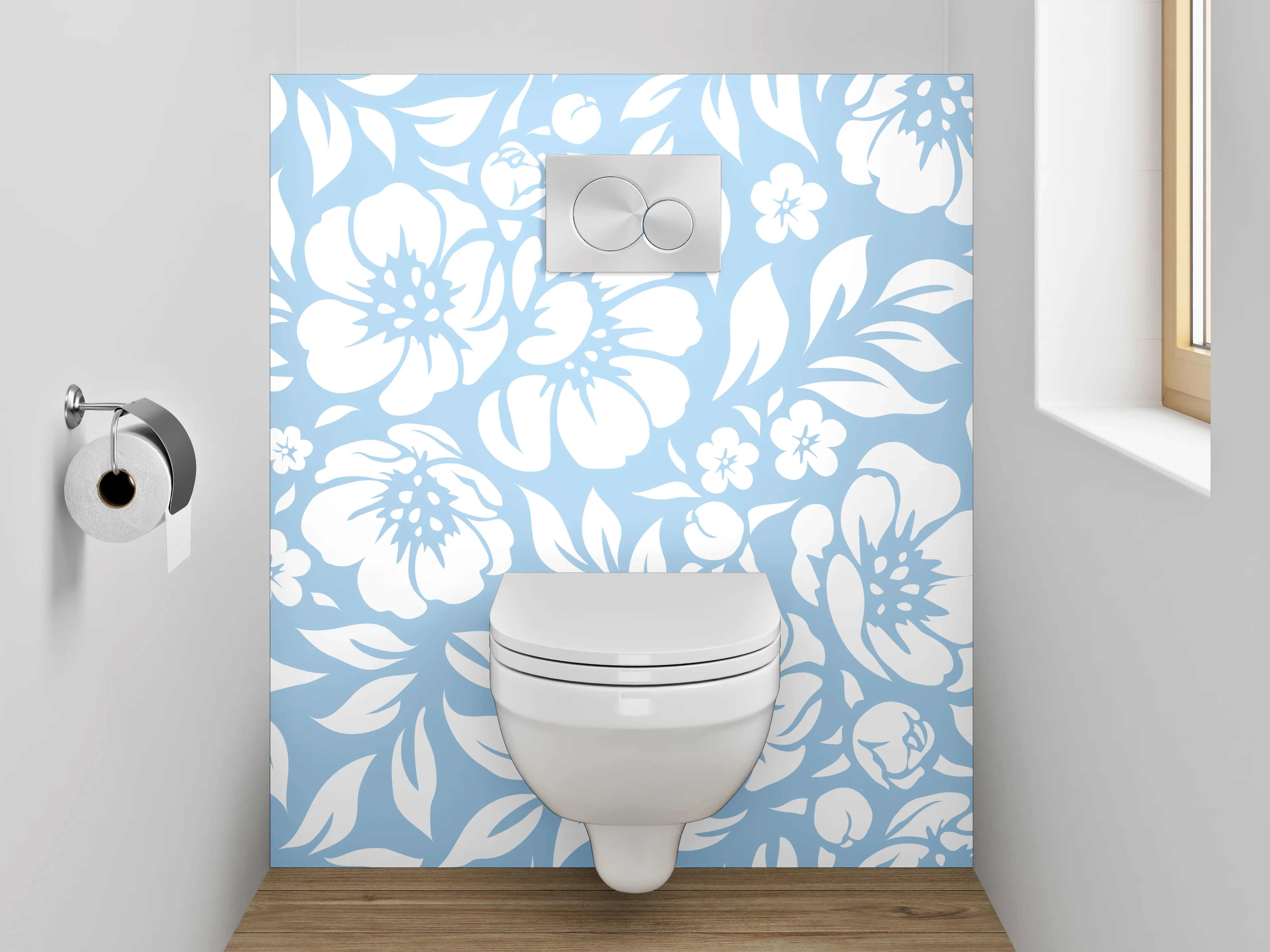 WC-Rückwand - Blau-weißes Blumenmuster modern