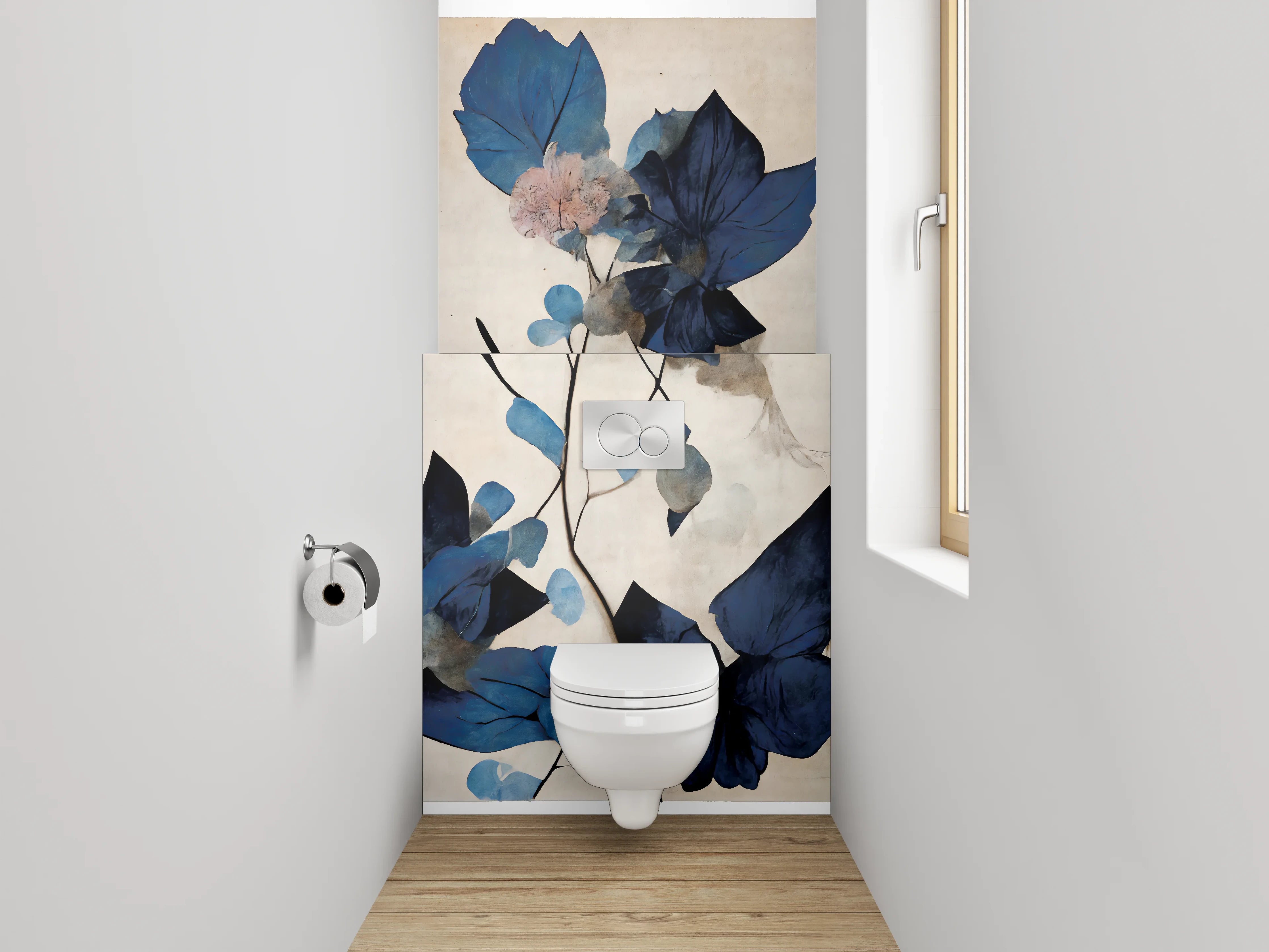 WC-Rückwand - Blaue Blätter Aquarell Pflanzenkunst