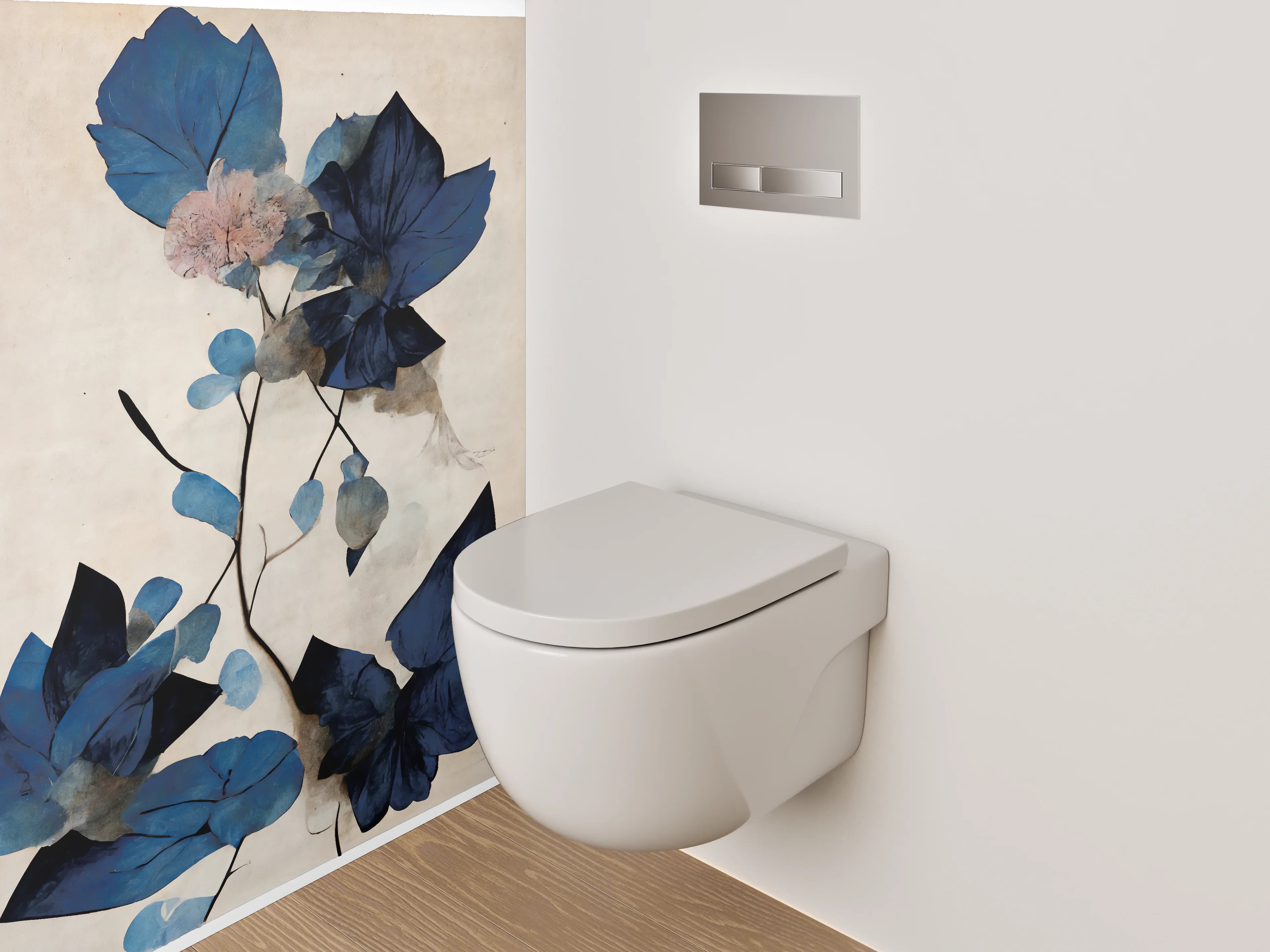 WC-Rückwand - Blaue Blätter Aquarell Pflanzenkunst