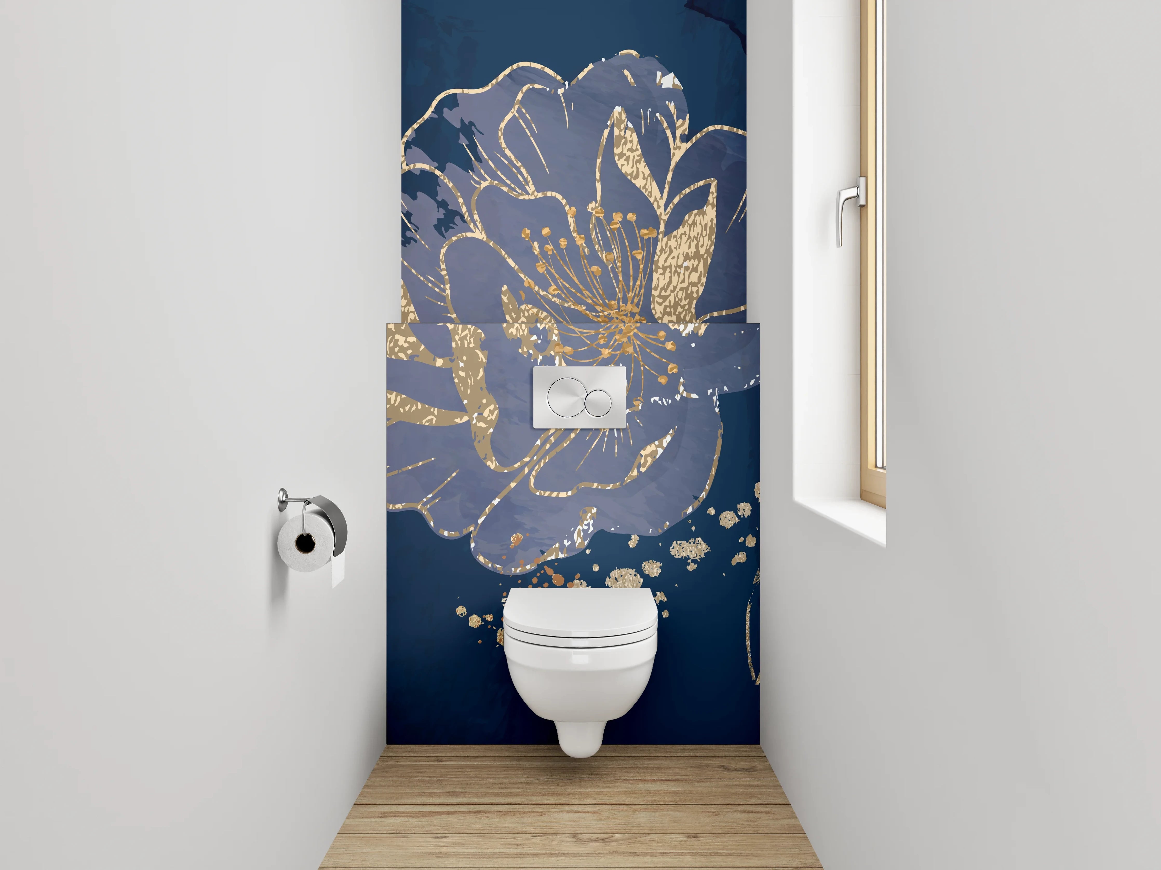 WC-Rückwand - Blaue Blumen mit Goldakzenten