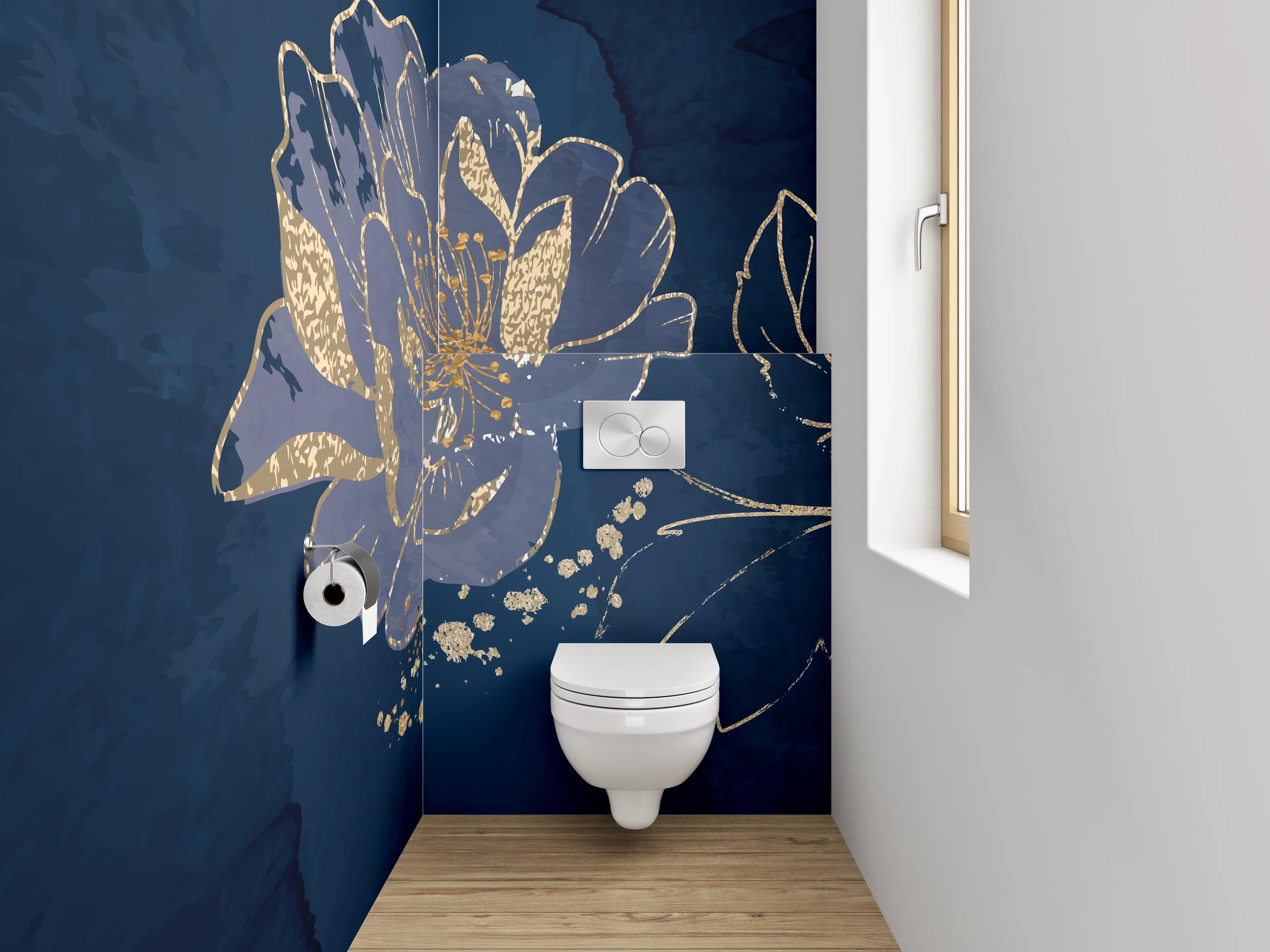 WC-Rückwand - Blaue Blumen mit Goldakzenten