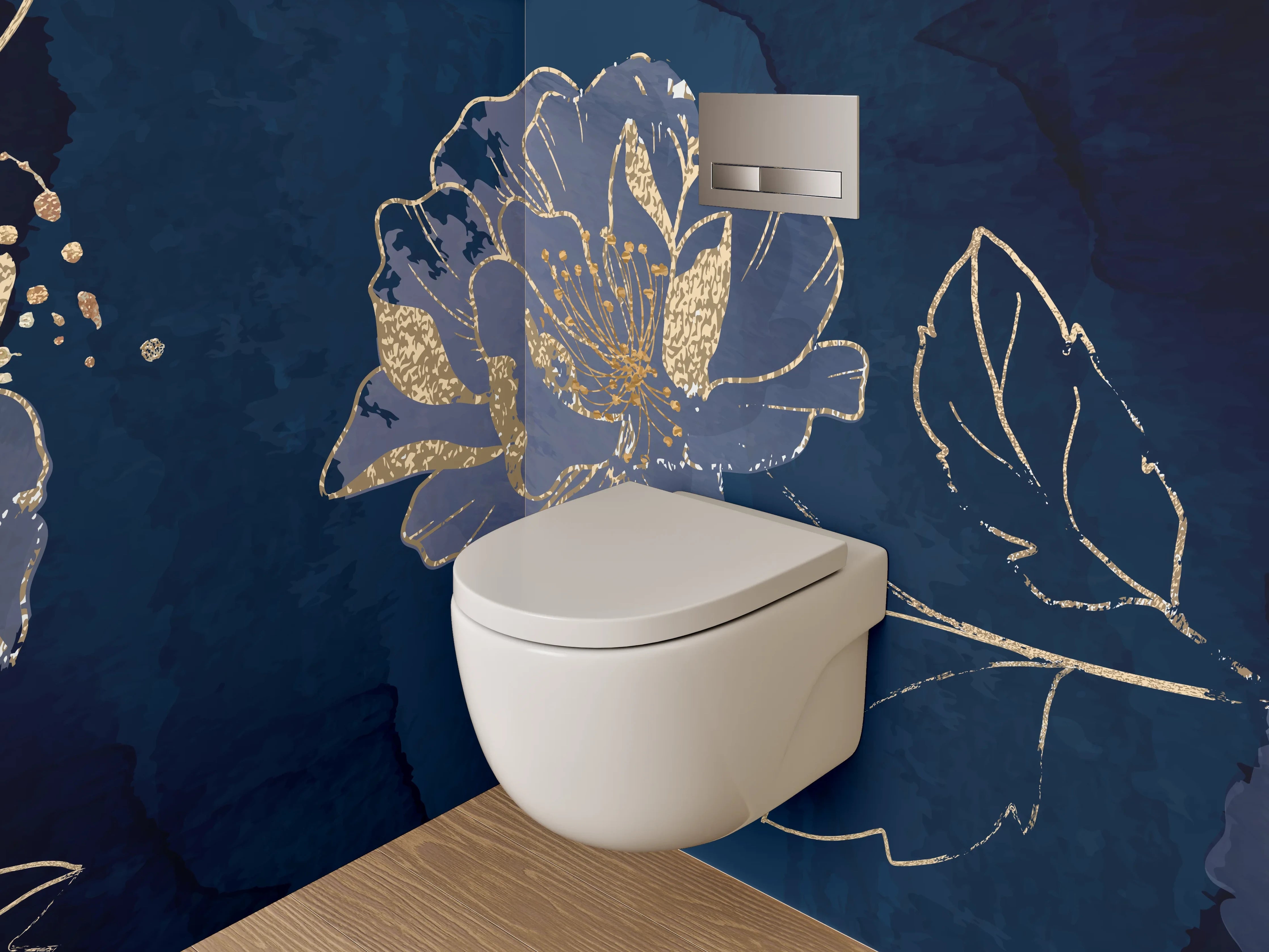 WC-Rückwand - Blaue Blumen mit Goldakzenten