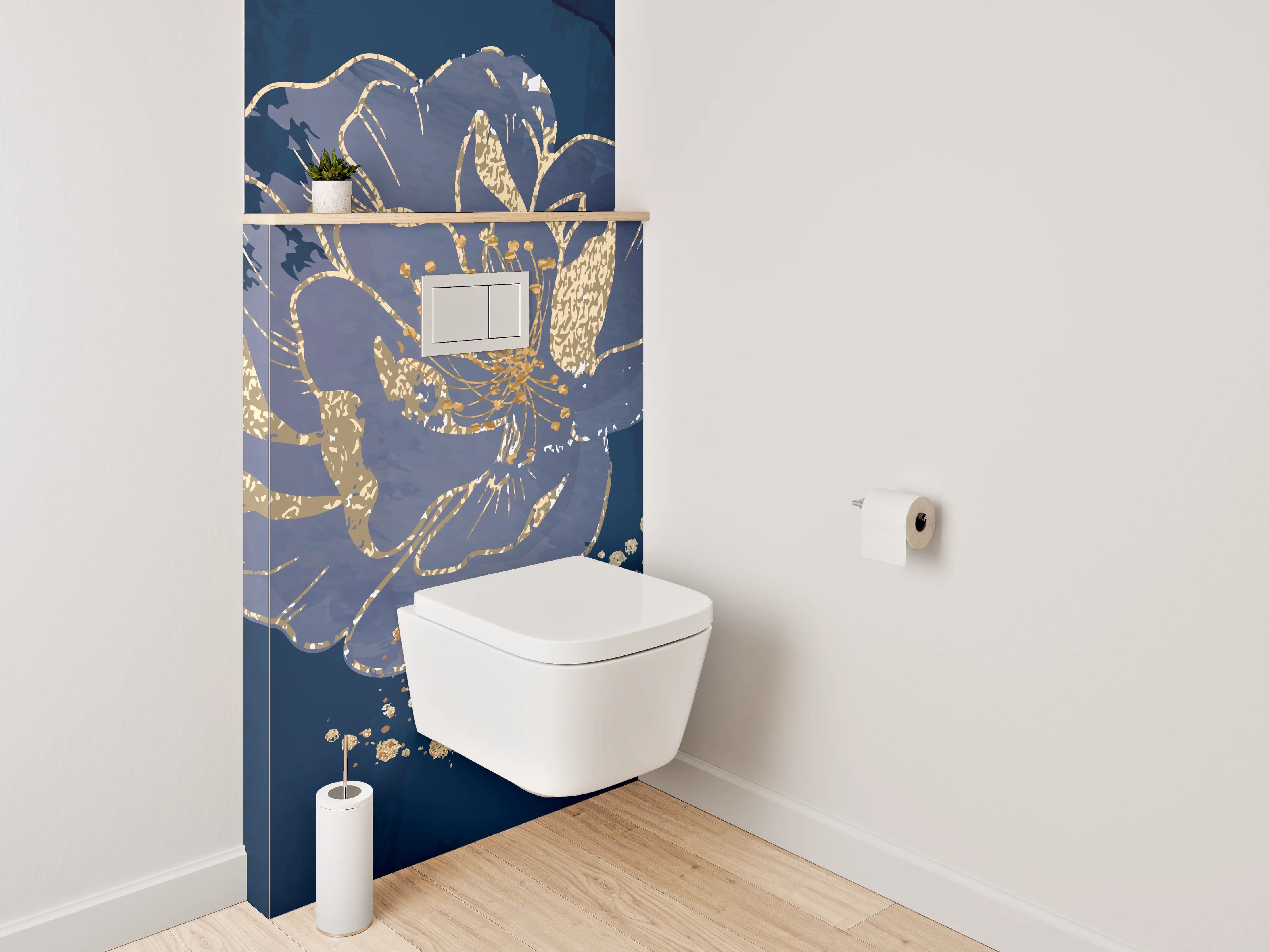 WC-Rückwand - Blaue Blumen mit Goldakzenten