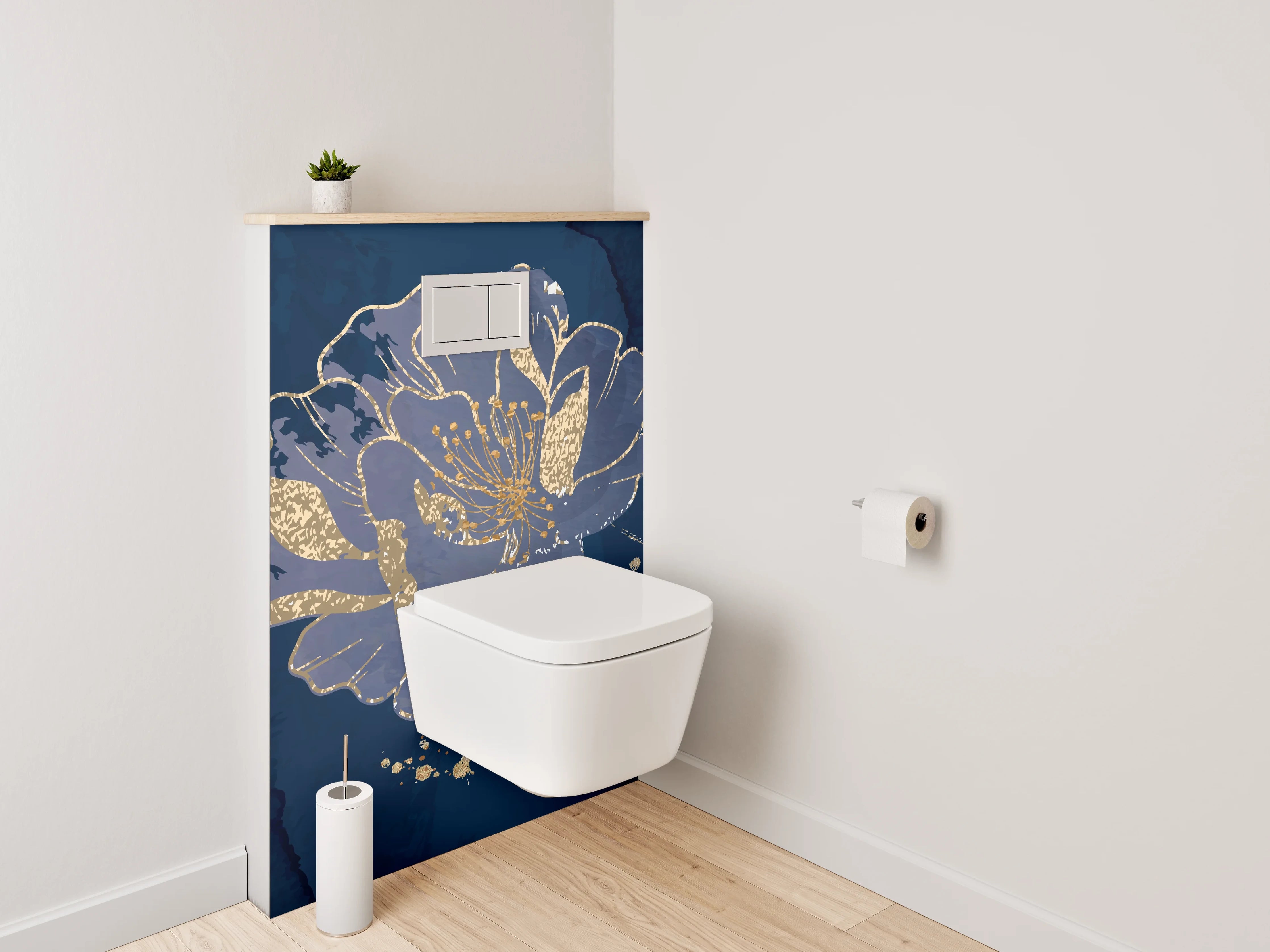 WC-Rückwand - Blaue Blumen mit Goldakzenten