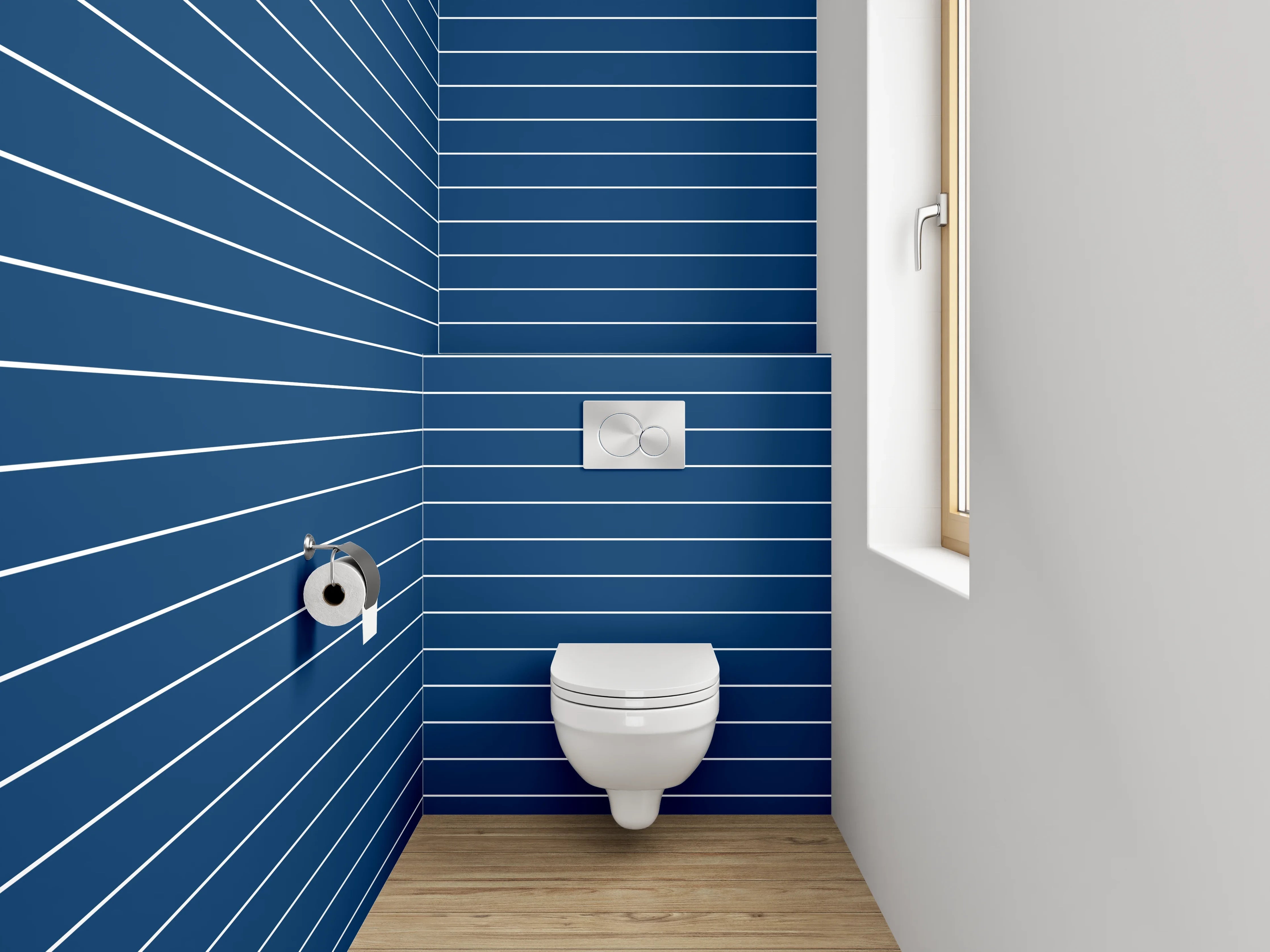 WC-Rückwand - Blaue Linien auf dunklem Hintergrund