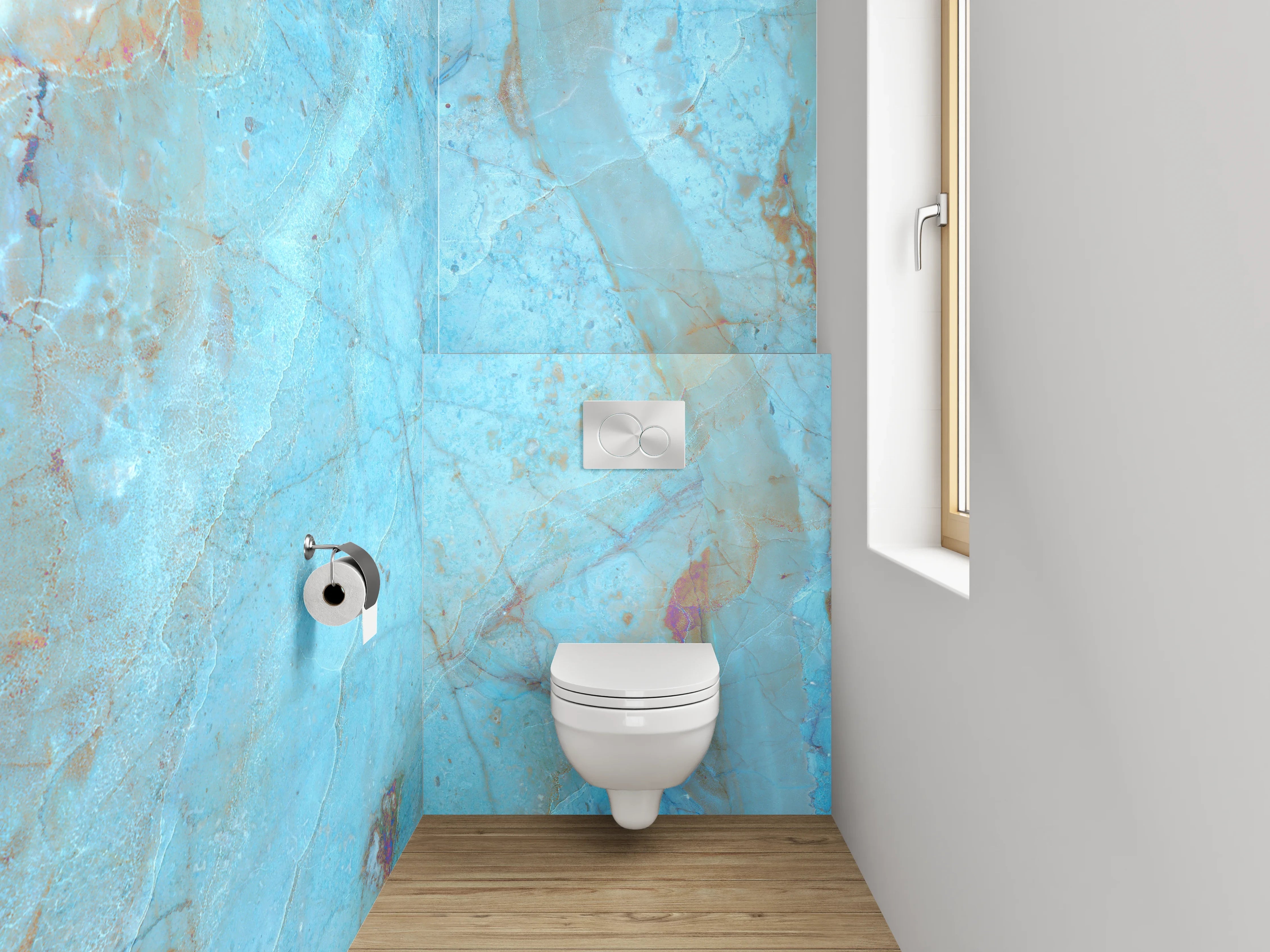WC-Rückwand - Blaue Marmor-Textur mit goldenen Akzenten