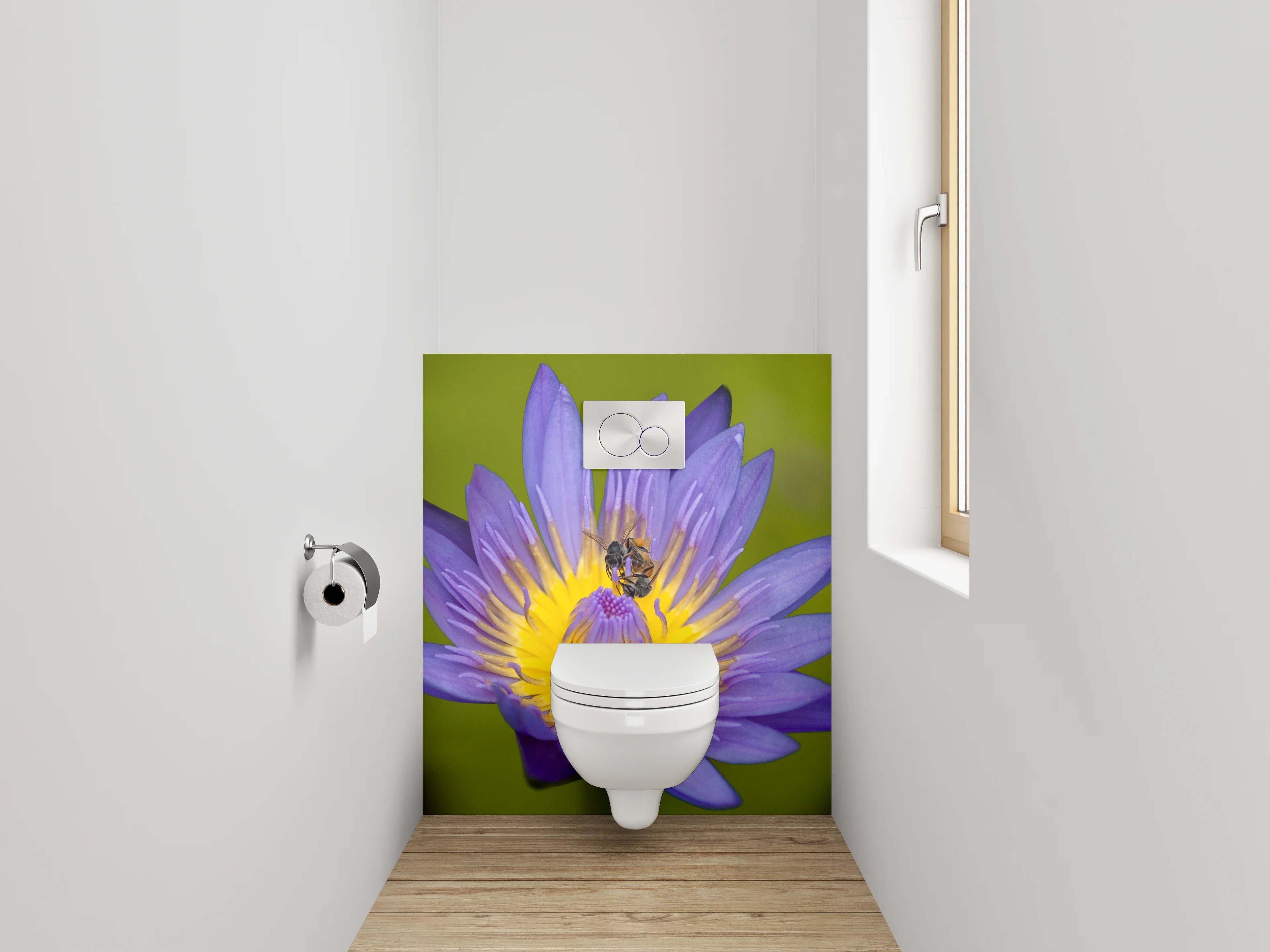 WC-Rückwand - Blaue Seerose mit Biene Fotokunst
