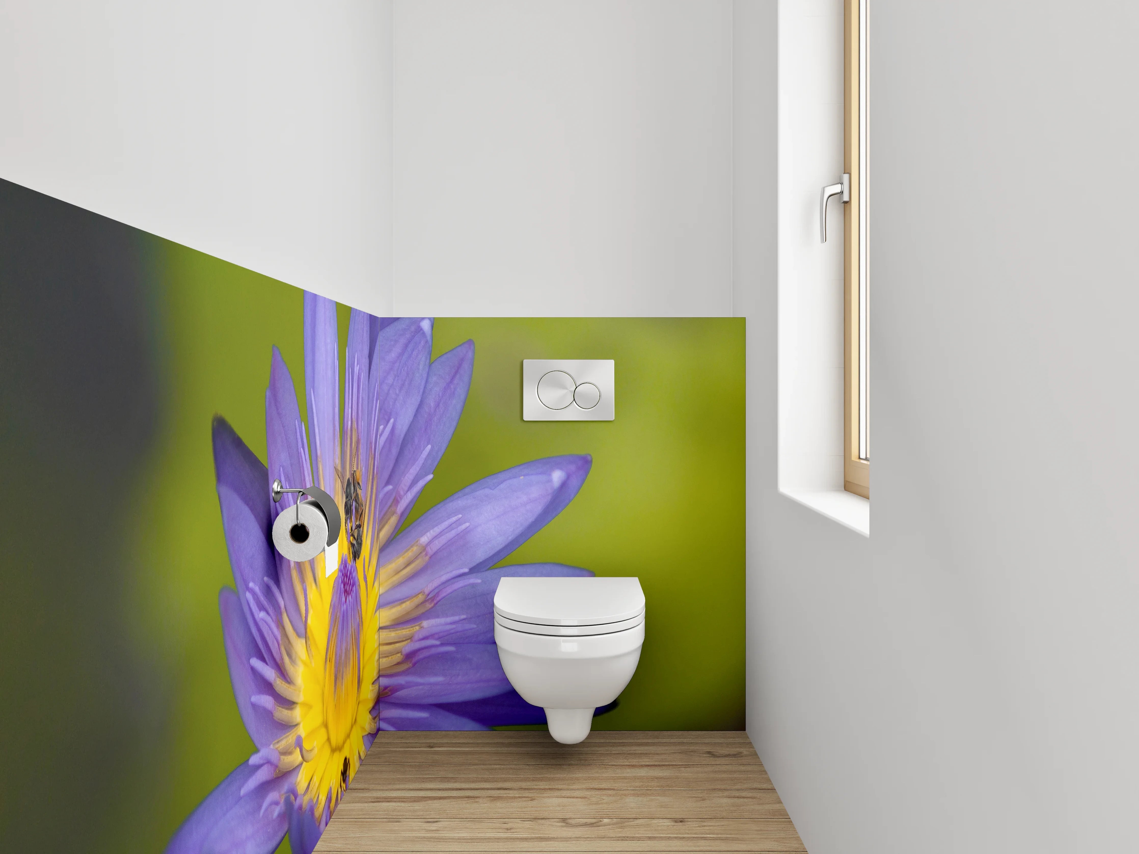 WC-Rückwand - Blaue Seerose mit Biene Fotokunst