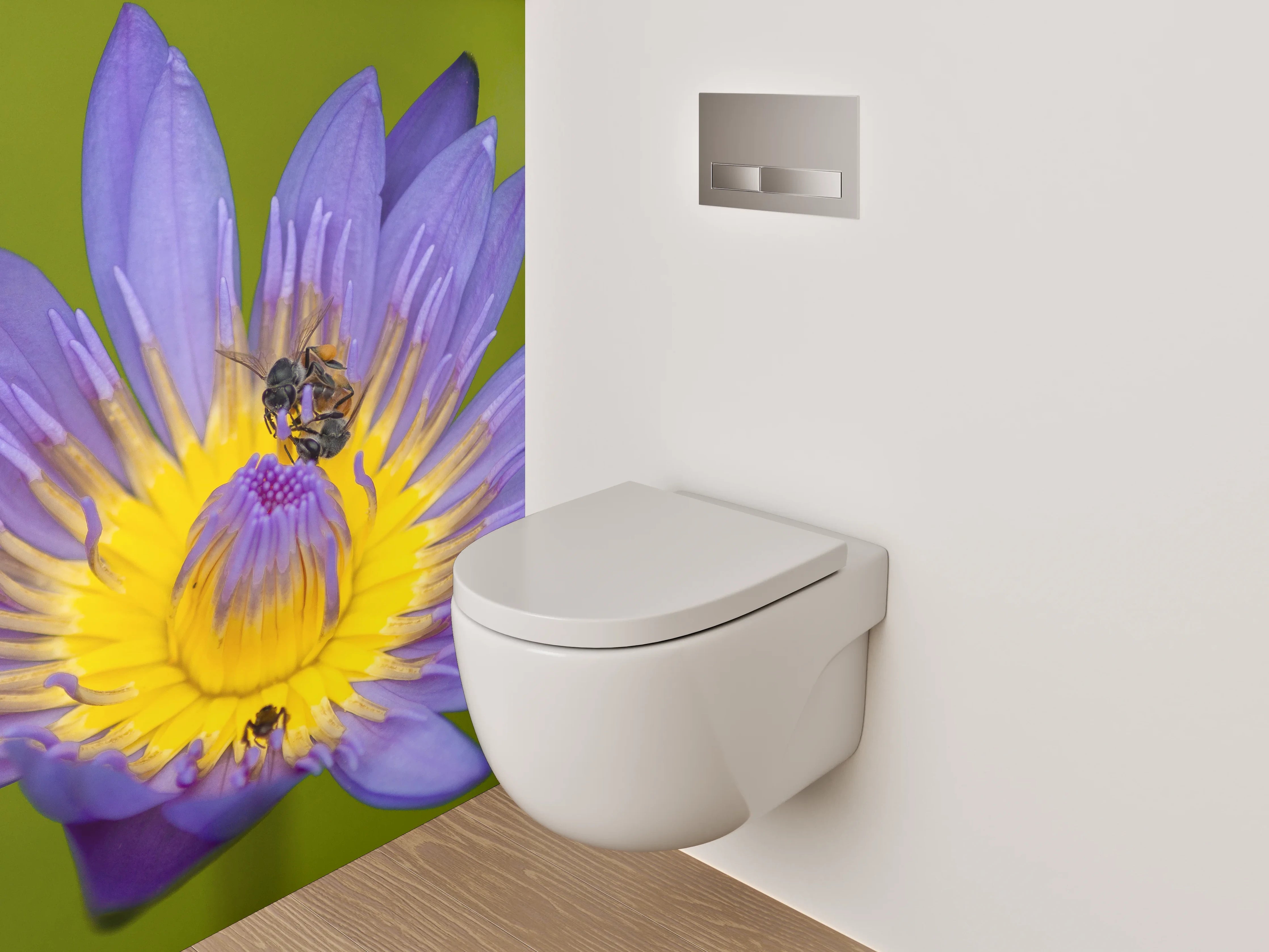 WC-Rückwand - Blaue Seerose mit Biene Fotokunst