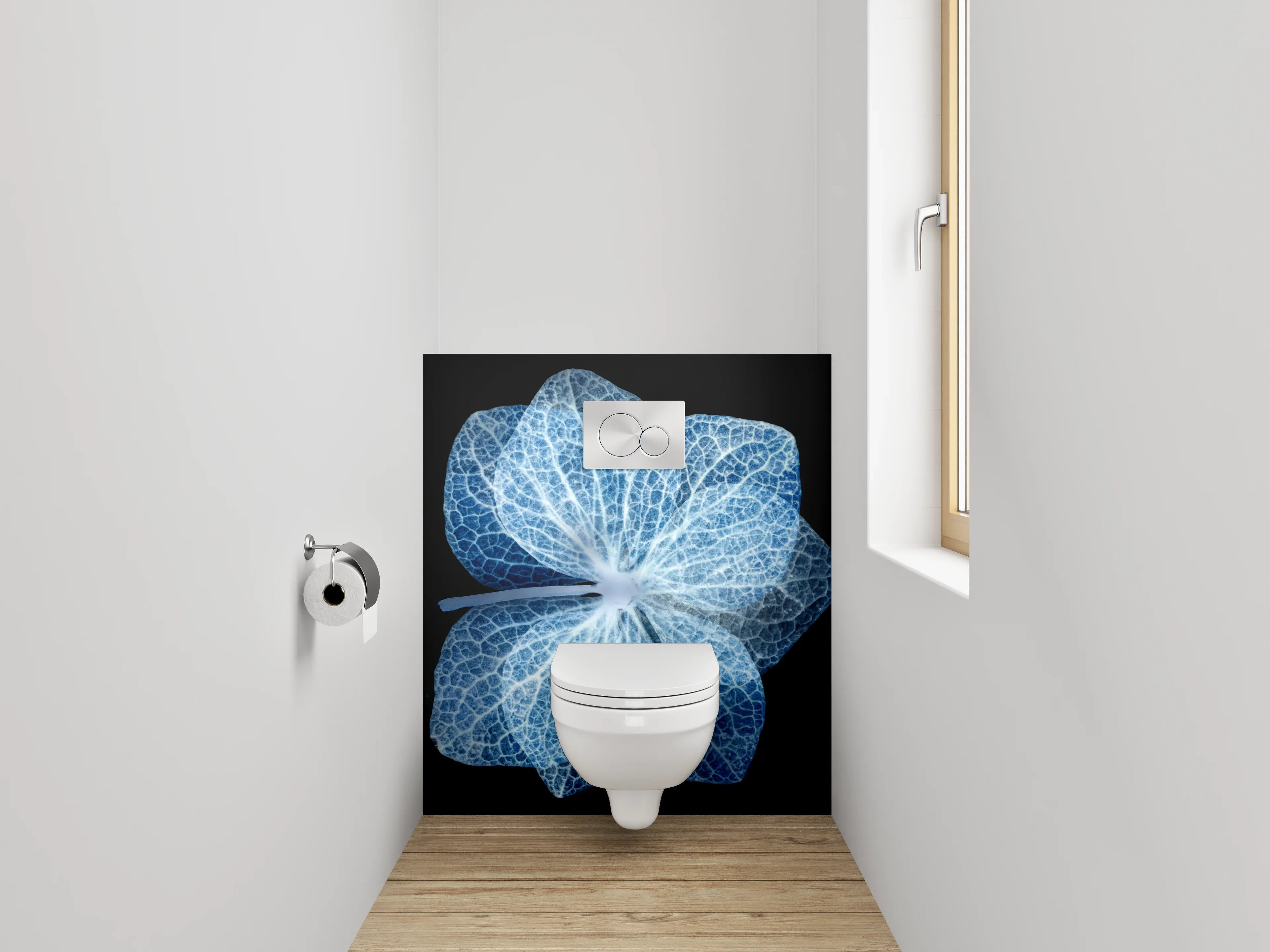 WC-Rückwand - Blaue Skelettblüte auf Schwarz
