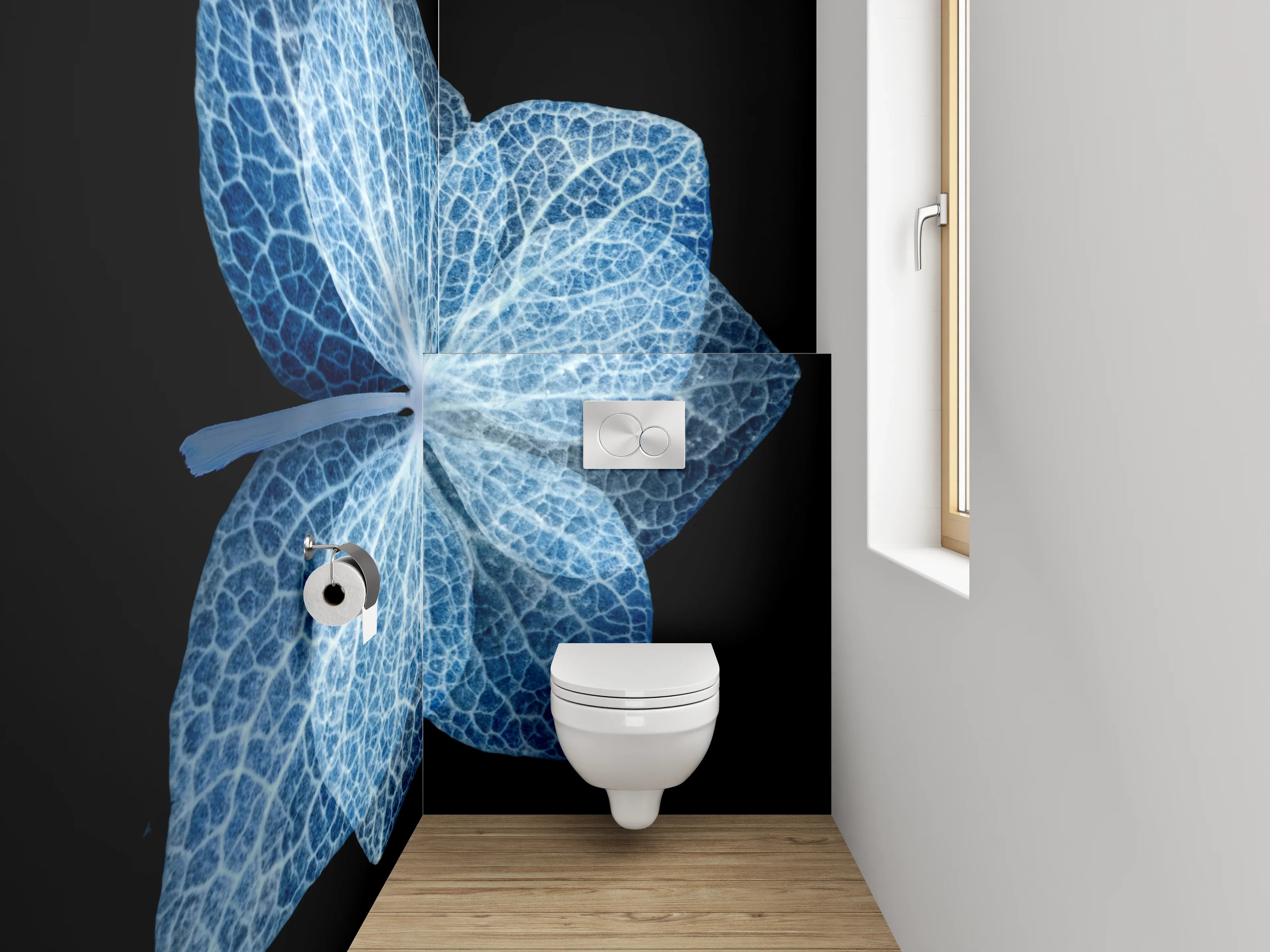 WC-Rückwand - Blaue Skelettblüte auf Schwarz