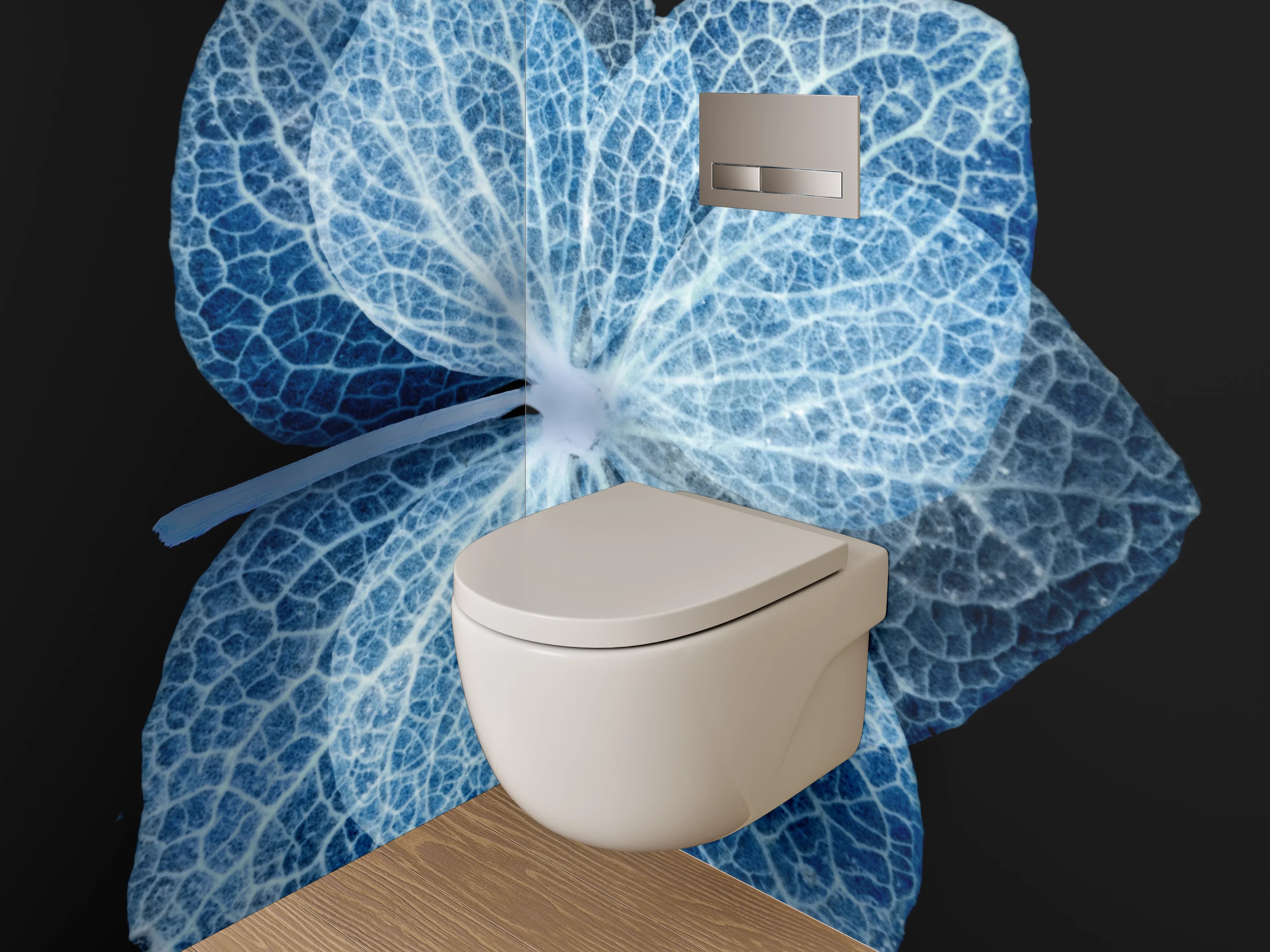 WC-Rückwand - Blaue Skelettblüte auf Schwarz