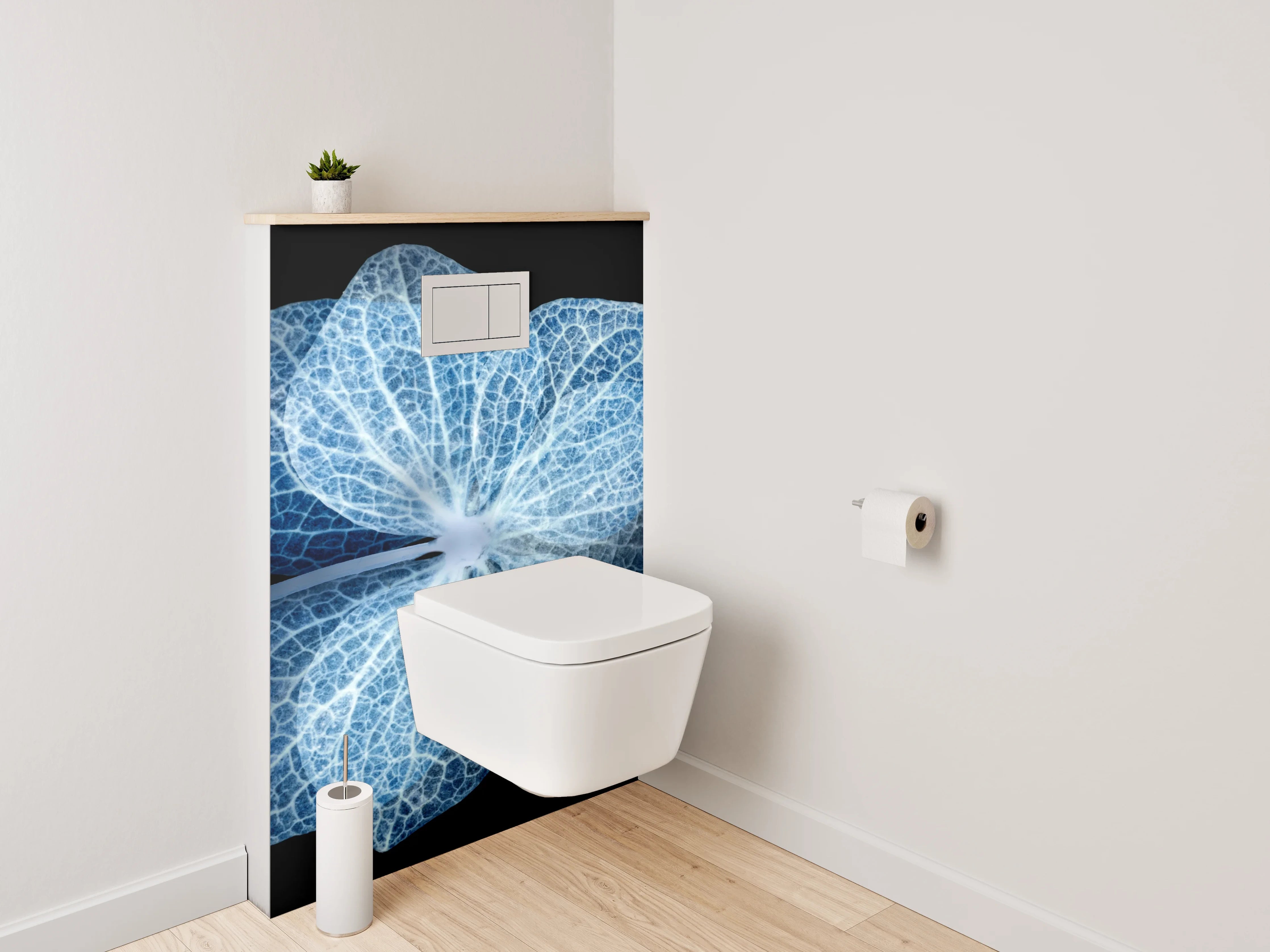 WC-Rückwand - Blaue Skelettblüte auf Schwarz