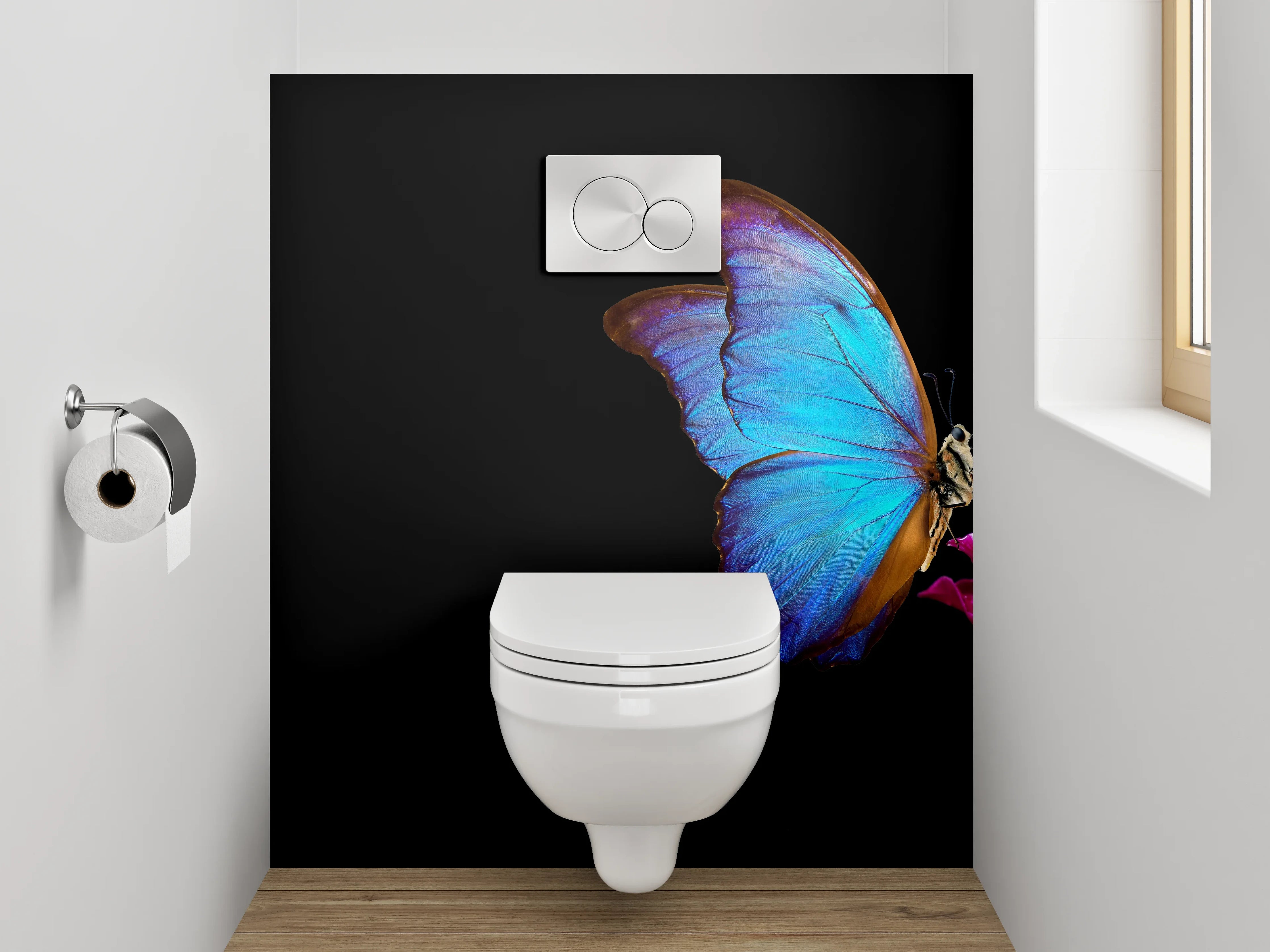 WC-Rückwand - Blauer Schmetterling auf Pinker Tulpe