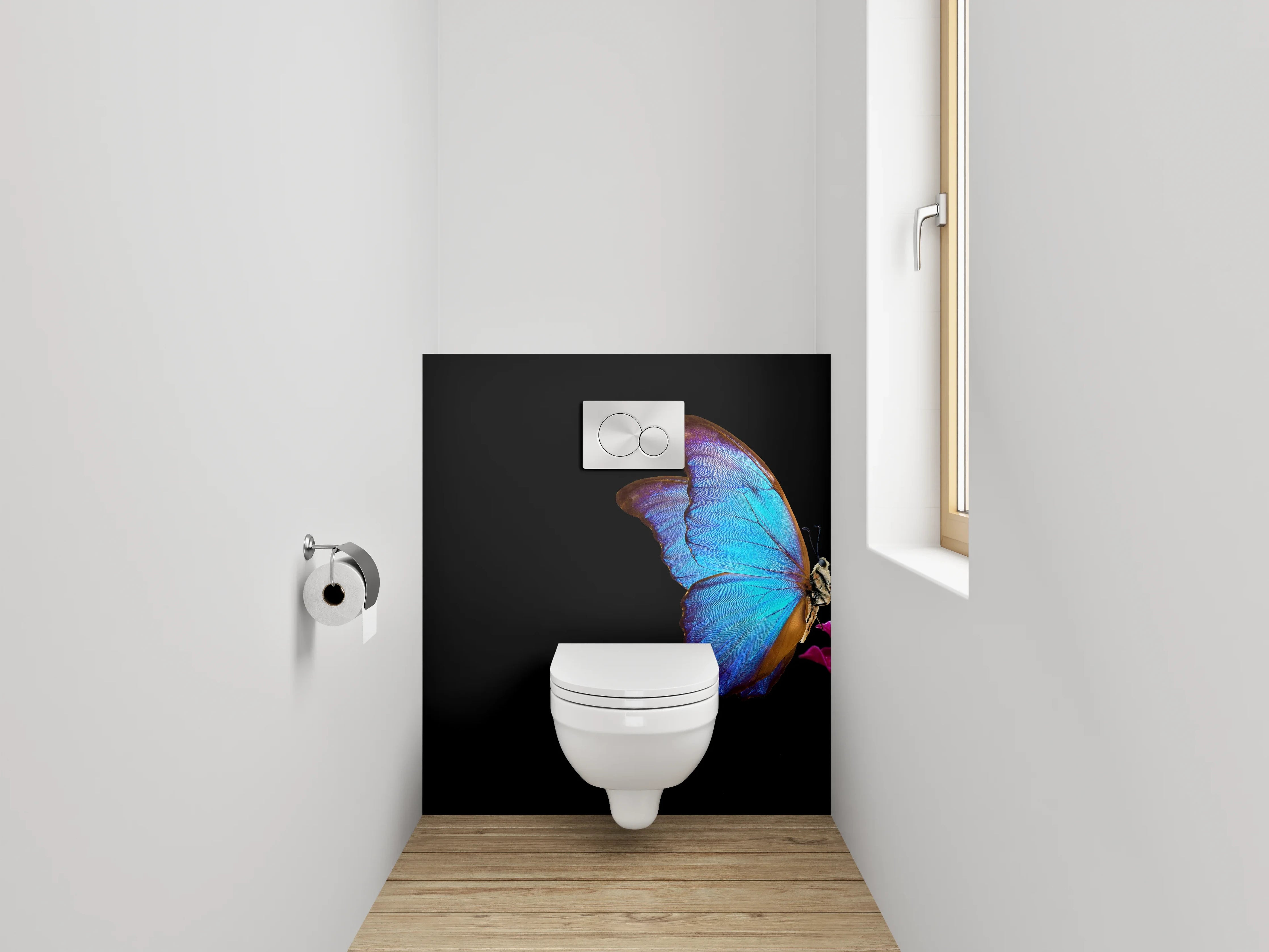 WC-Rückwand - Blauer Schmetterling auf Pinker Tulpe