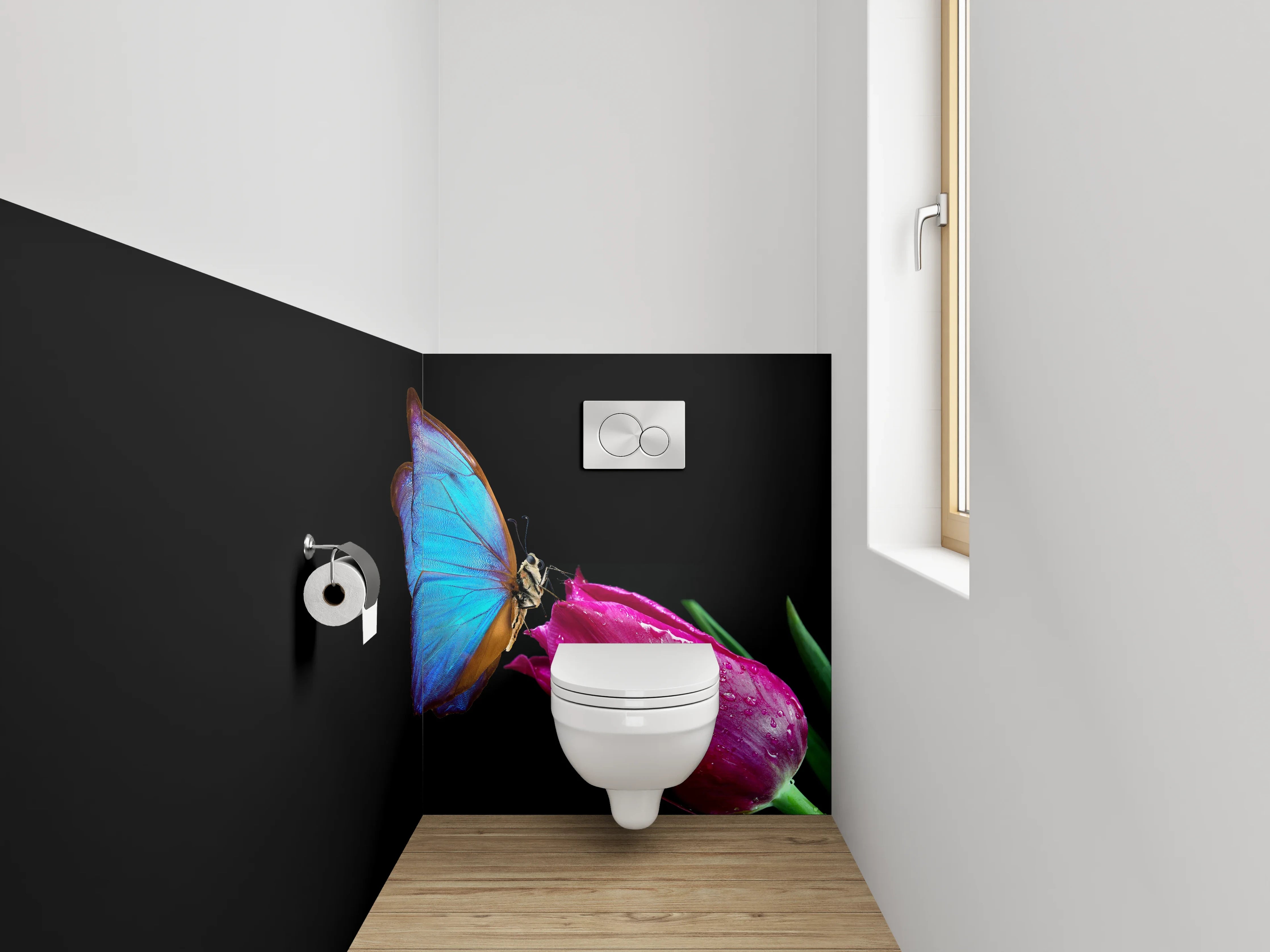 WC-Rückwand - Blauer Schmetterling auf Pinker Tulpe