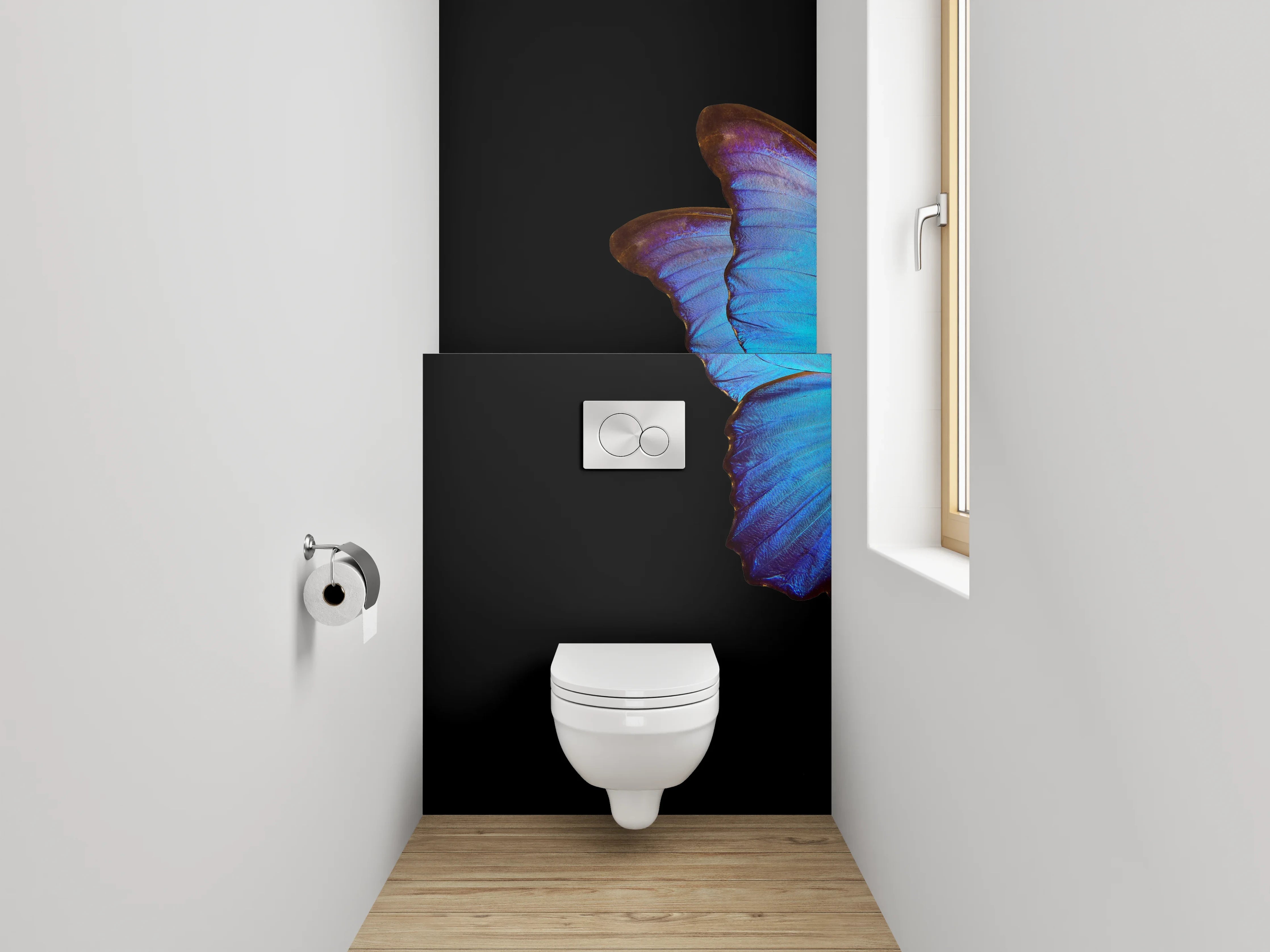 WC-Rückwand - Blauer Schmetterling auf Pinker Tulpe