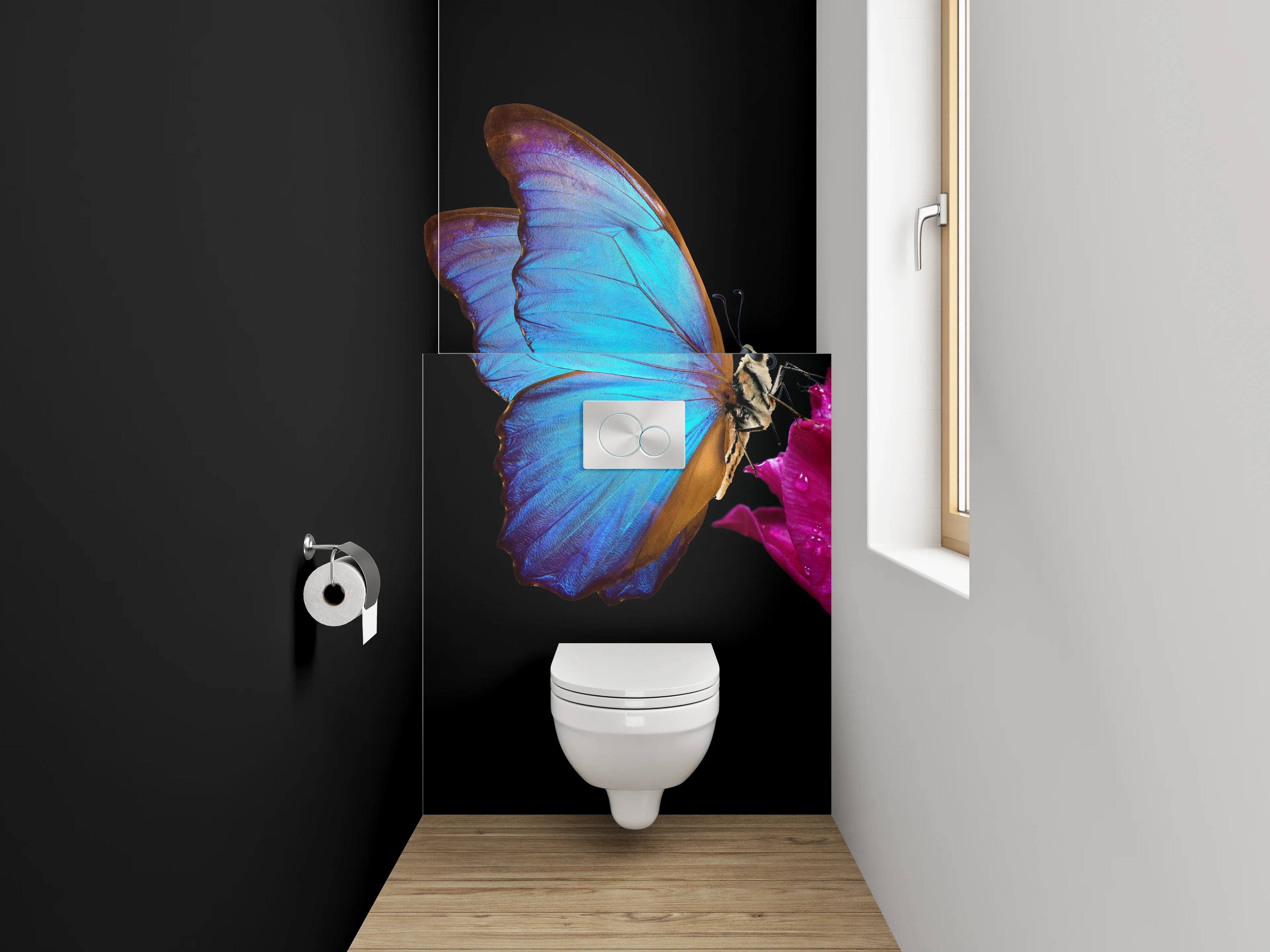 WC-Rückwand - Blauer Schmetterling auf Pinker Tulpe